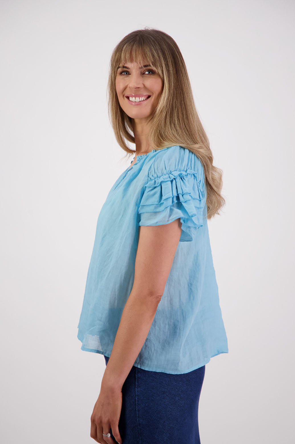 Shakespeare a soft floaty top with flattering layered short sleeves. Briarwood NZ. Ramie, Aqua