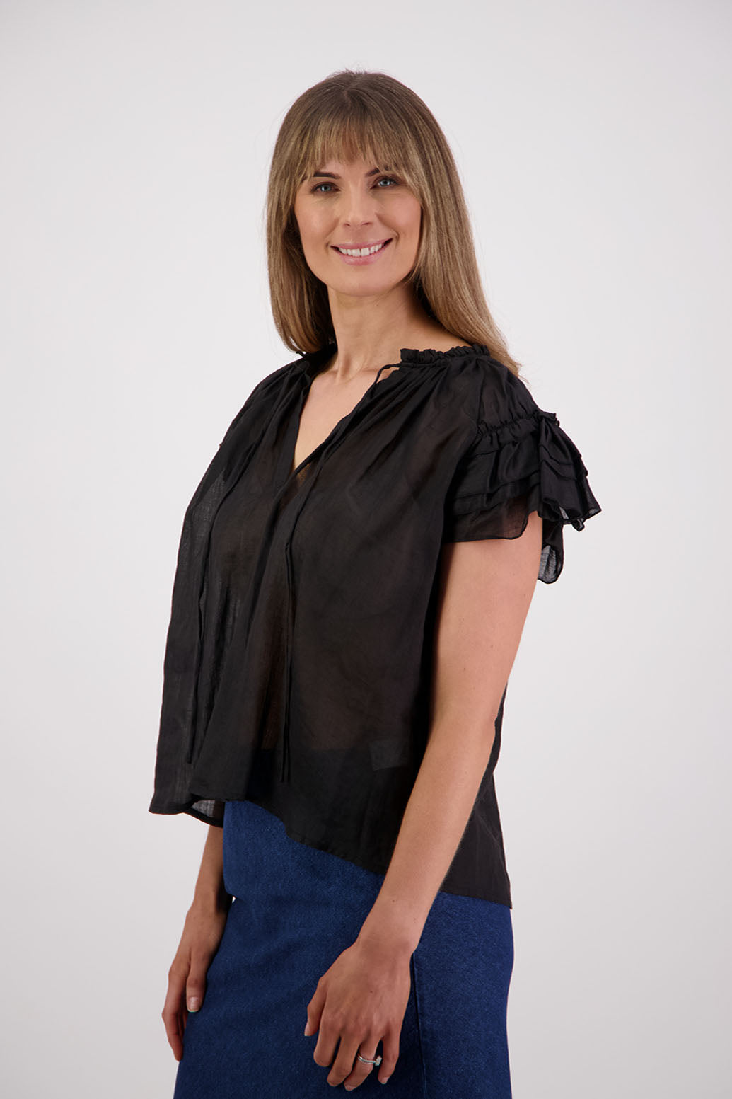 Shakespeare a soft floaty top with flattering layered short sleeves. Briarwood NZ. Ramie, Black