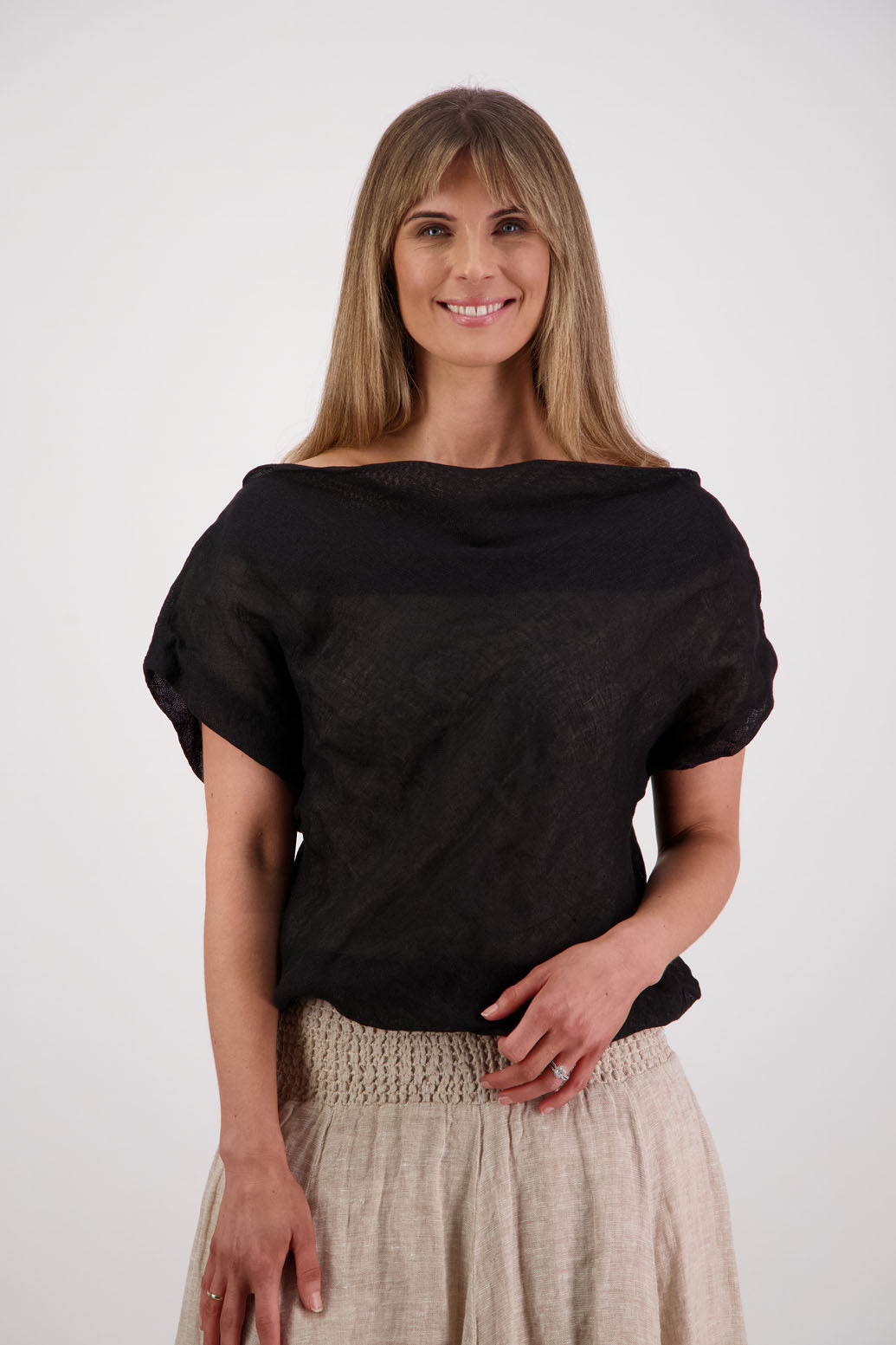 Womens lined, wide neck top that can be worn off the shoulder. Elastic panels around neckline. Linen Gauze. Briarwood NZ. Shelby, Black