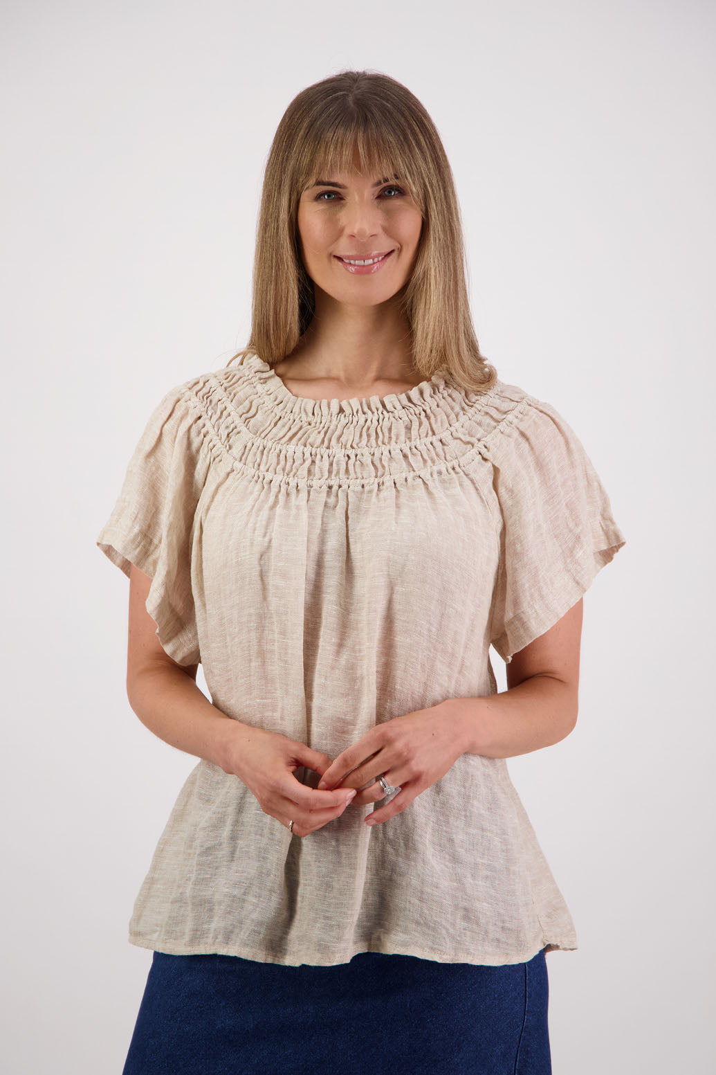 Womens longline linen top with short sleeves and elastic panels around neckline. Briarwood NZ. Shelley, Natural