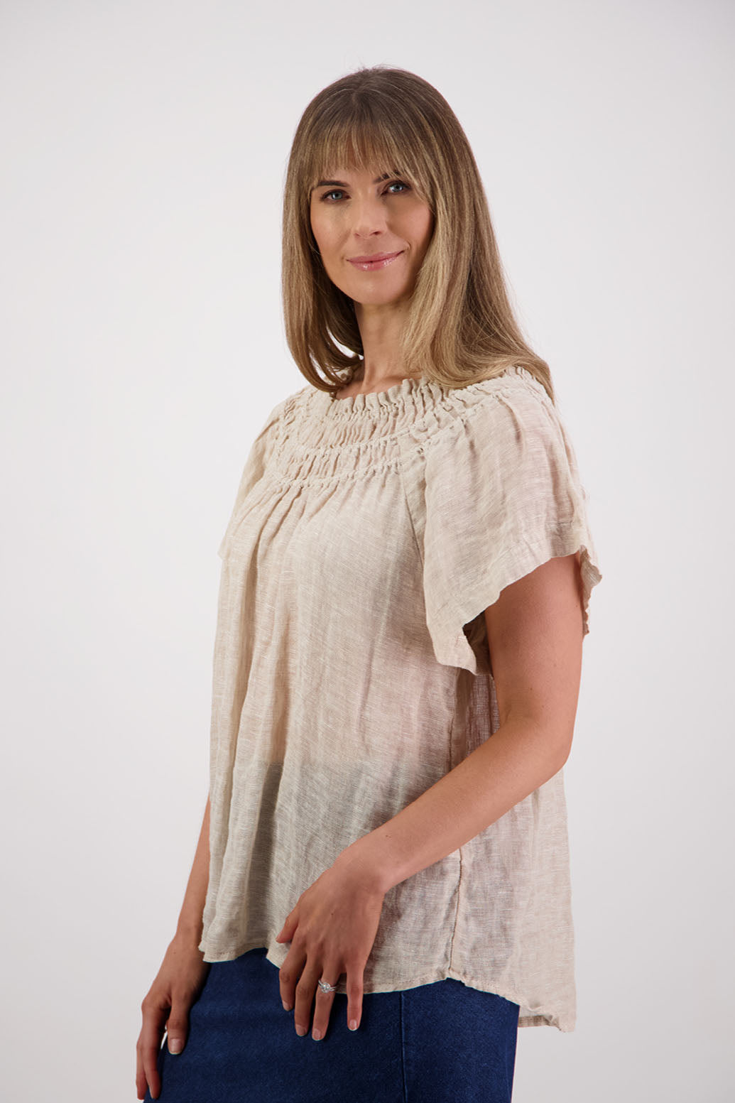 Womens longline linen top with short sleeves and elastic panels around neckline. Briarwood NZ. Shelley, Natural