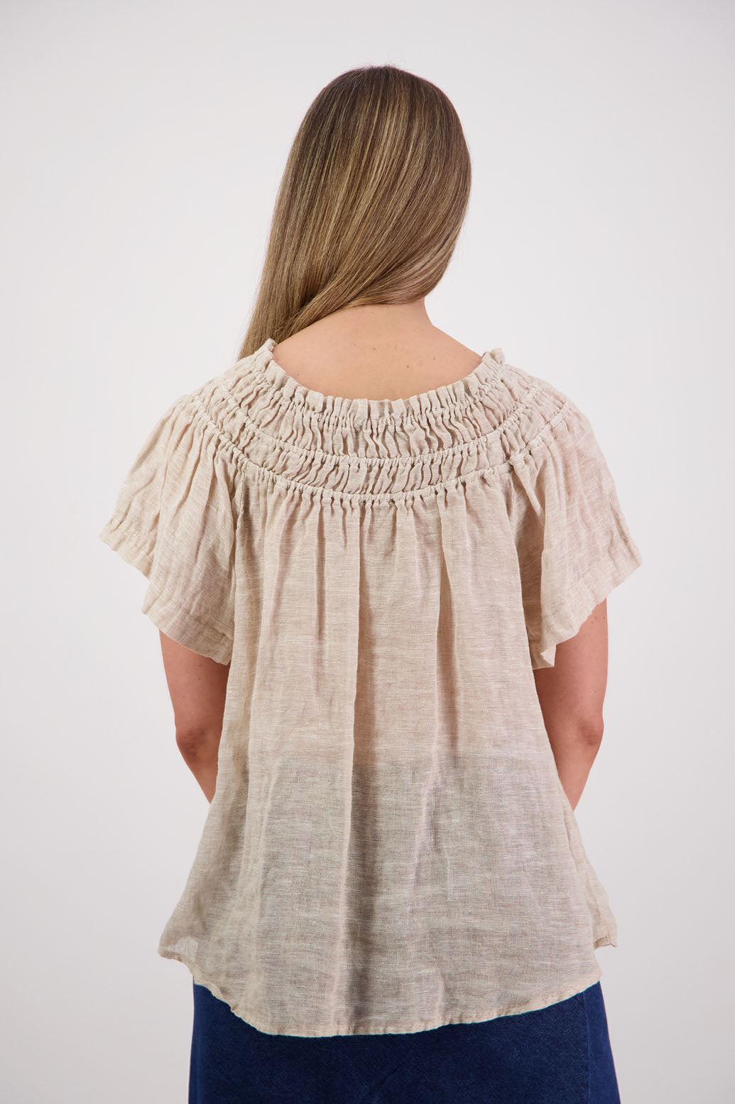 Womens longline linen top with short sleeves and elastic panels around neckline. Briarwood NZ. Shelley, Natural