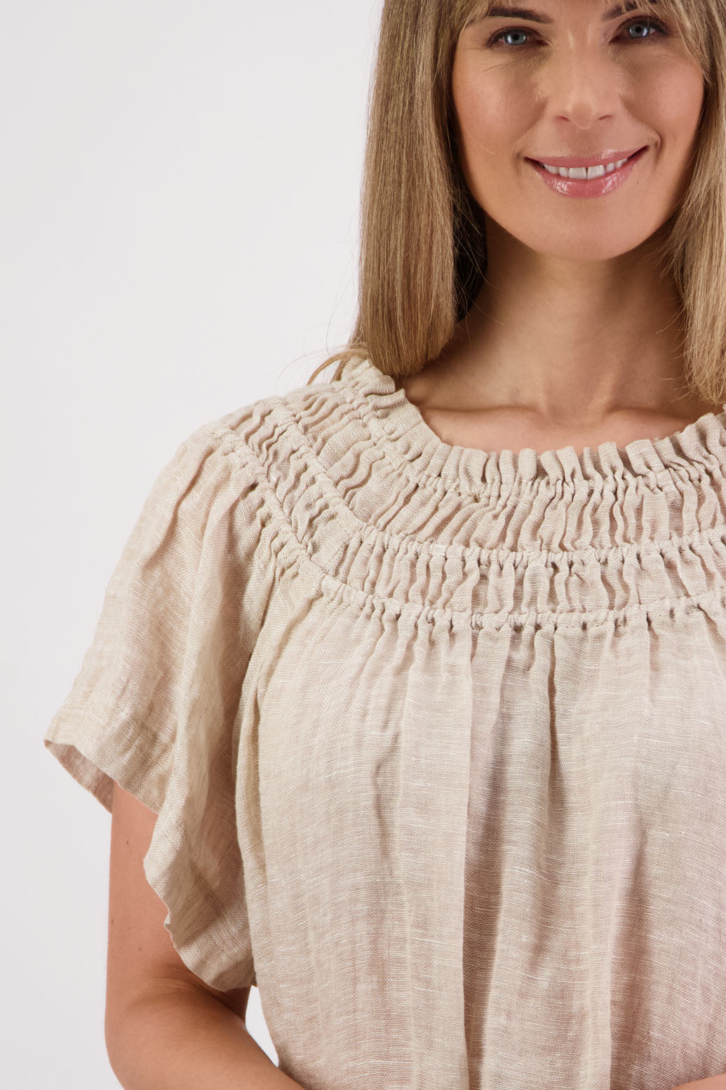 Womens longline linen top with short sleeves and elastic panels around neckline. Briarwood NZ. Shelley, Natural