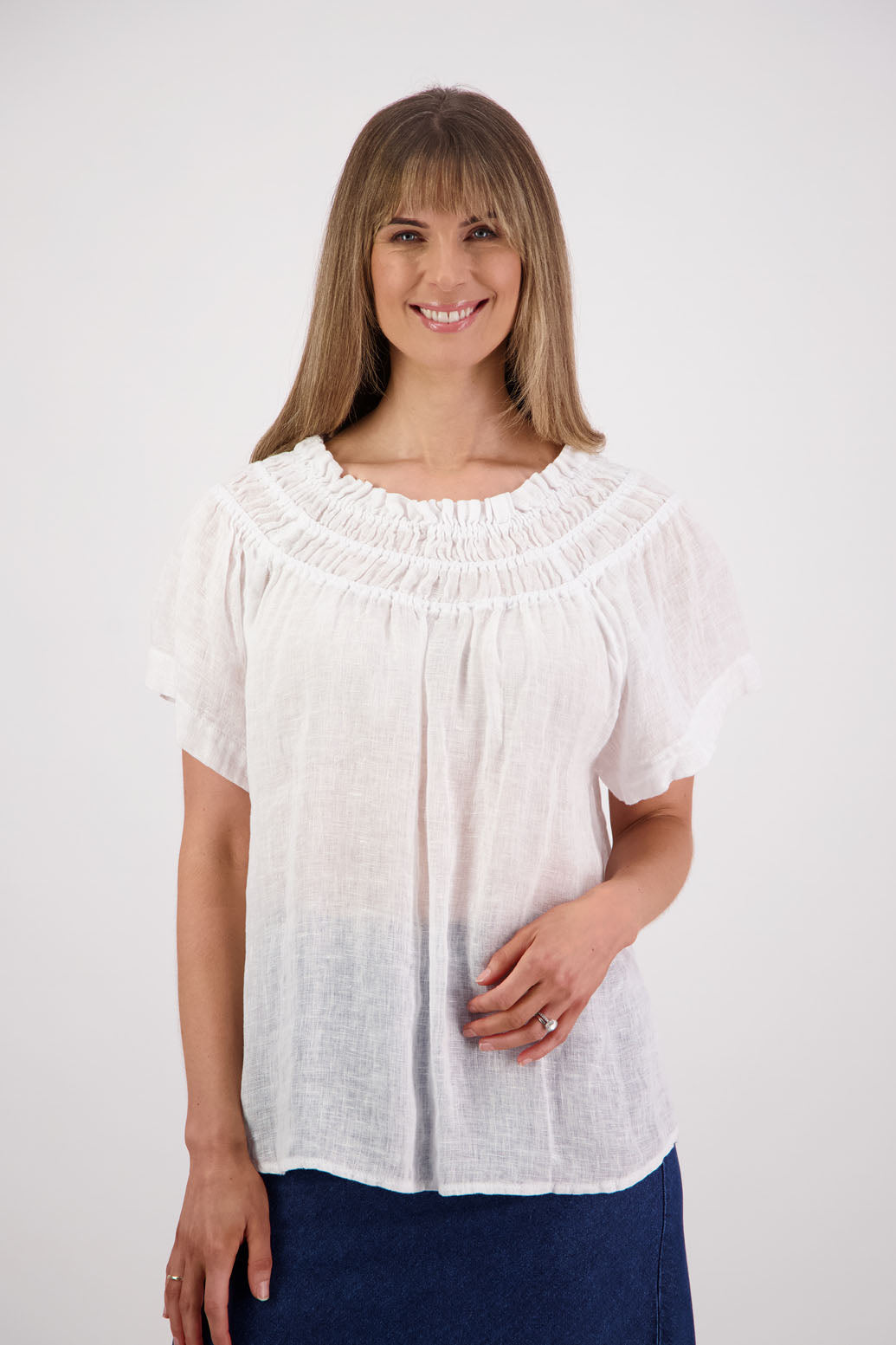 Womens longline linen top with short sleeves and elastic panels around neckline. Briarwood NZ. Shelley, White