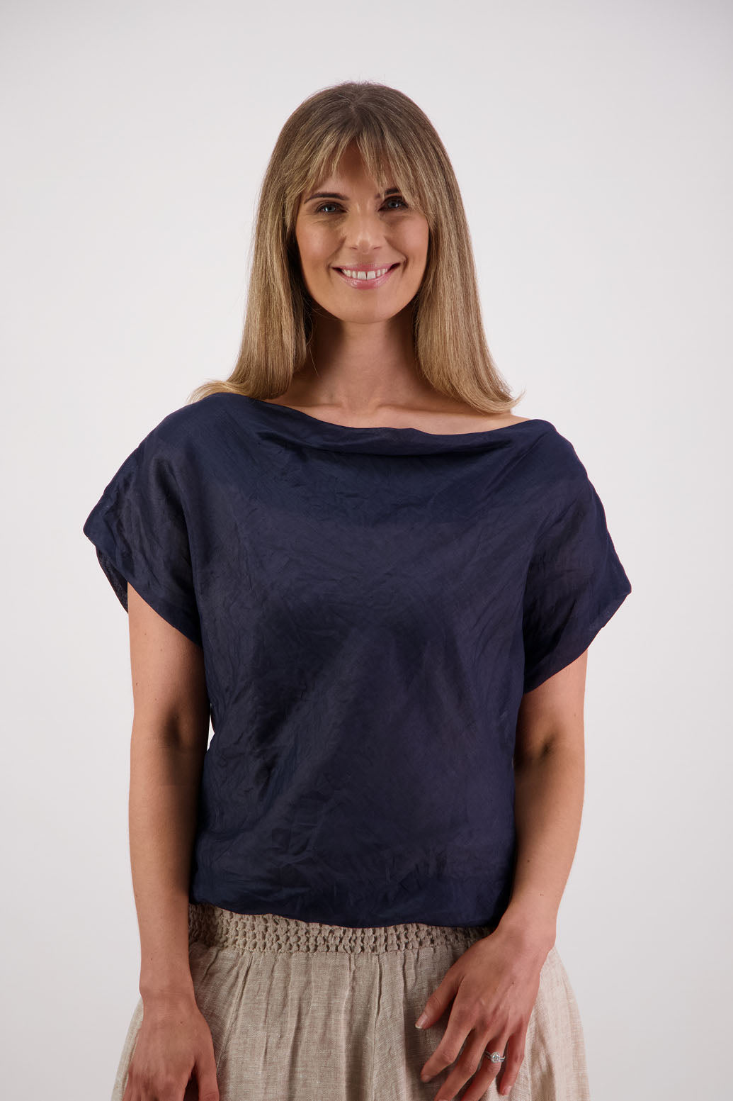 Women's Wide  Neck Top that can be worn off the shoudler. Ramie. Briarwood NZ. Ink/Navy, Sissy