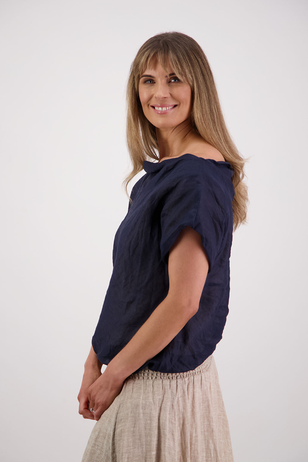 Women's Wide  Neck Top that can be worn off the shoudler. Ramie. Briarwood NZ. Ink/Navy, Sissy