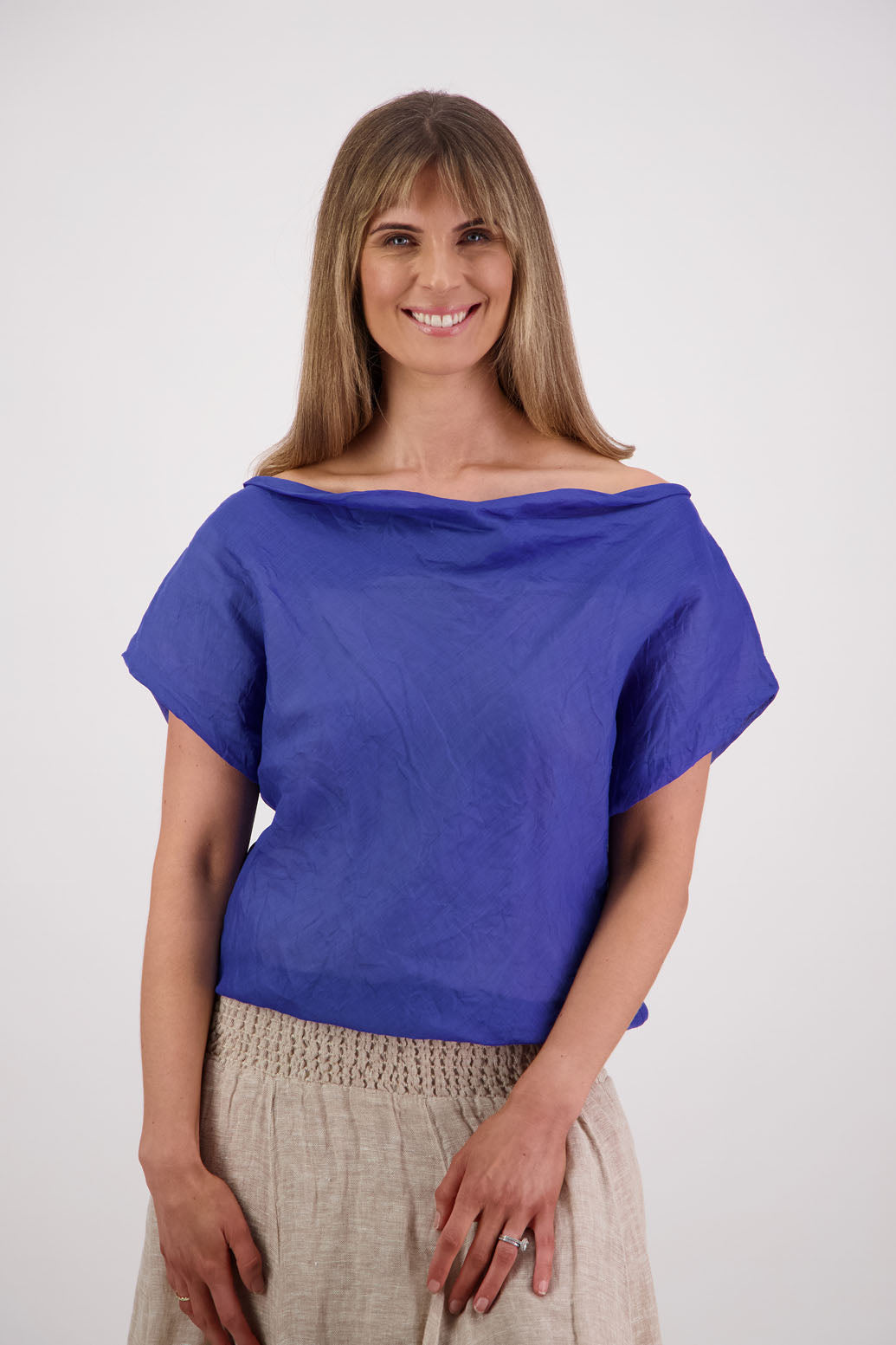 Women's Wide  Neck Top that can be worn off the shoudler. Ramie. Briarwood NZ. Royal