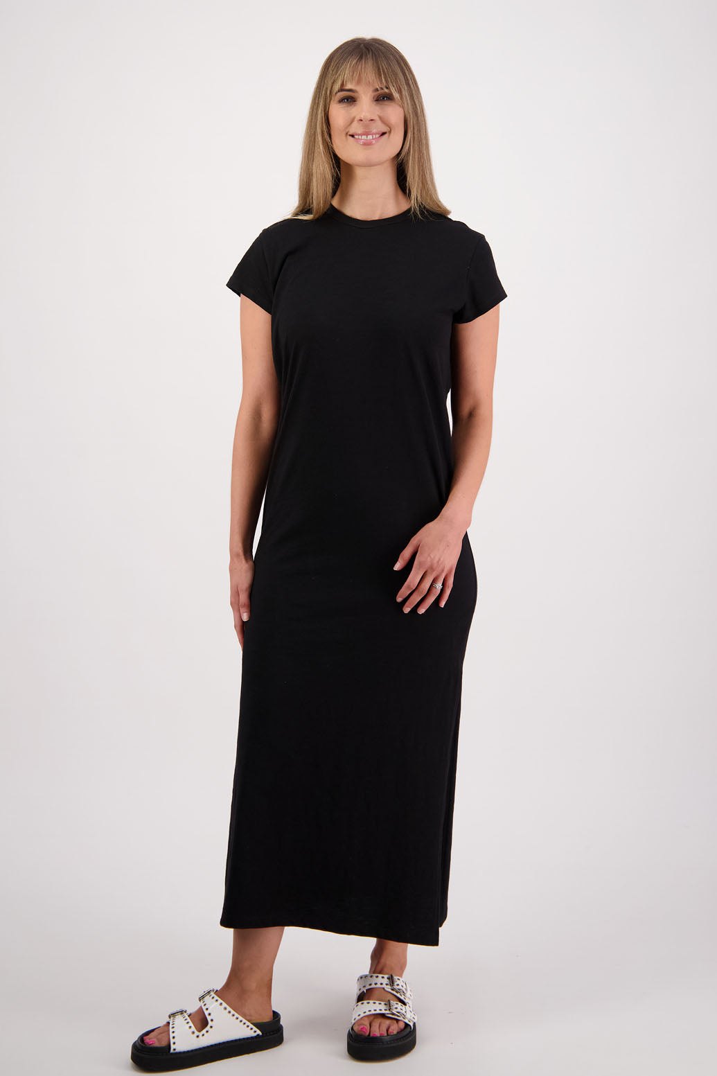 Women's long straight cotton t-shirt dress with cap sleeves and side splits. Briarwood NZ. Skinner, Black