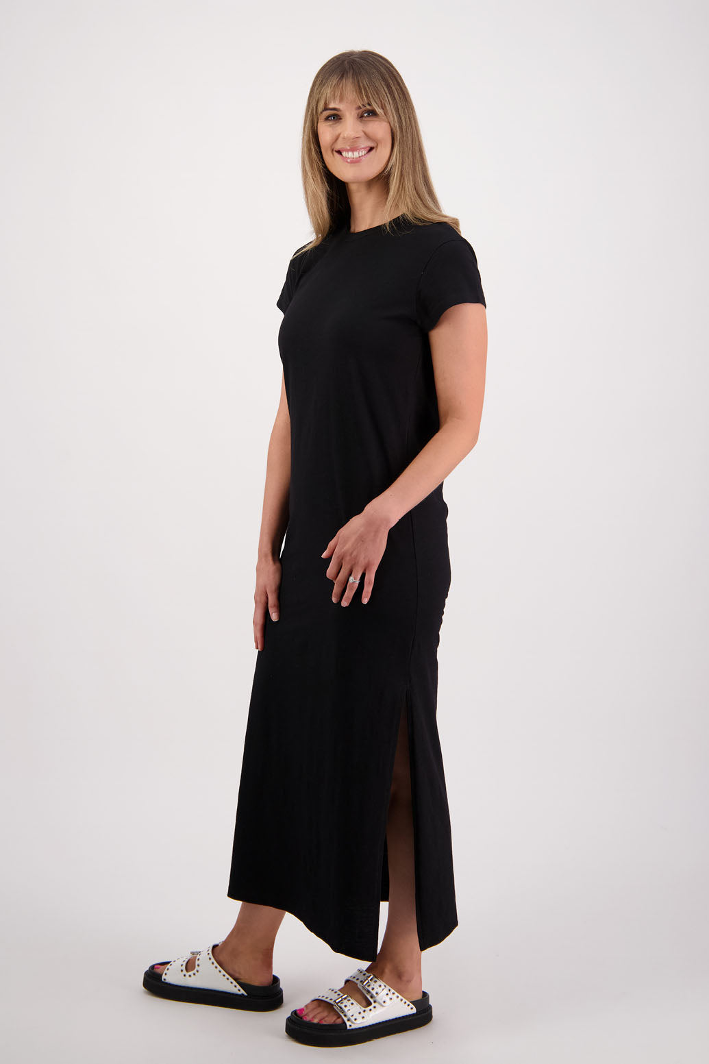 Women's long straight cotton t-shirt dress with cap sleeves and side splits. Briarwood NZ. Skinner, Black