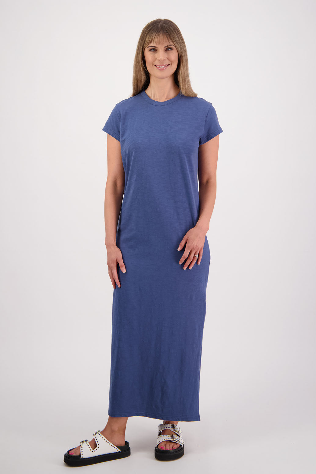 Women's long straight cotton t-shirt dress with cap sleeves and side splits. Briarwood NZ. Skinner, Denim Blue