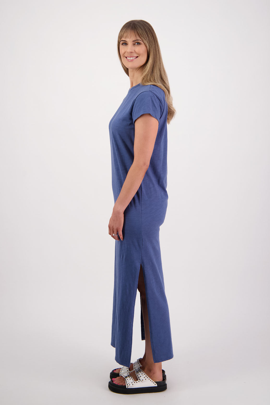 Women's long straight cotton t-shirt dress with cap sleeves and side splits. Briarwood NZ. Skinner, Denim Blue
