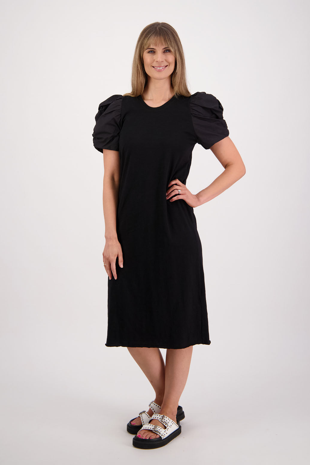 Womens Black Cotton Dress with scoop neckline, straight hem and puffed cotton voile sleeves. Smitty, Black. Briarwood NZ