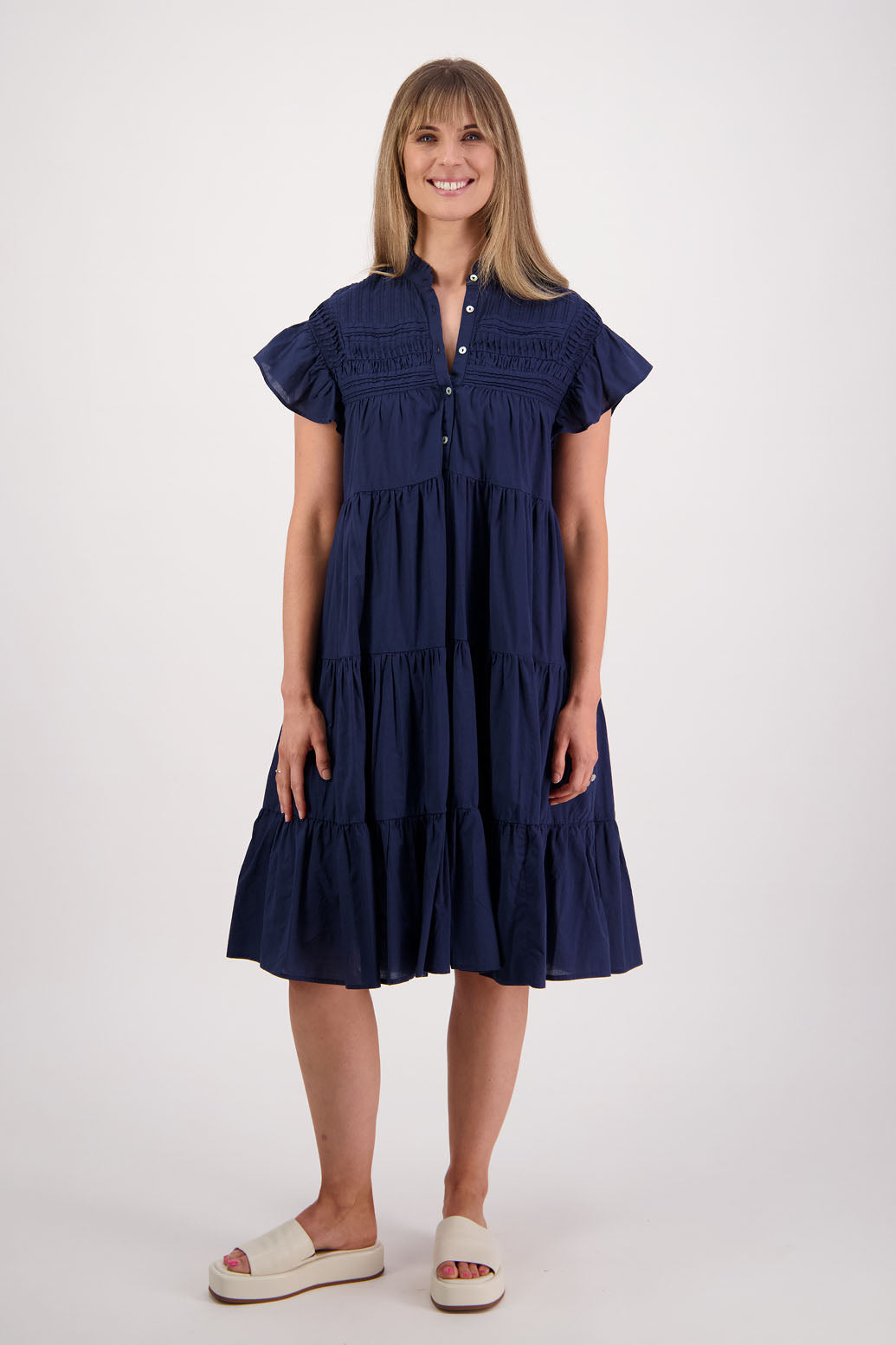 Womens Ink Cotton Voile dress. Below the knee length, 3-tier dress with ruffle sleeves. Briarwood NZ. Sonia