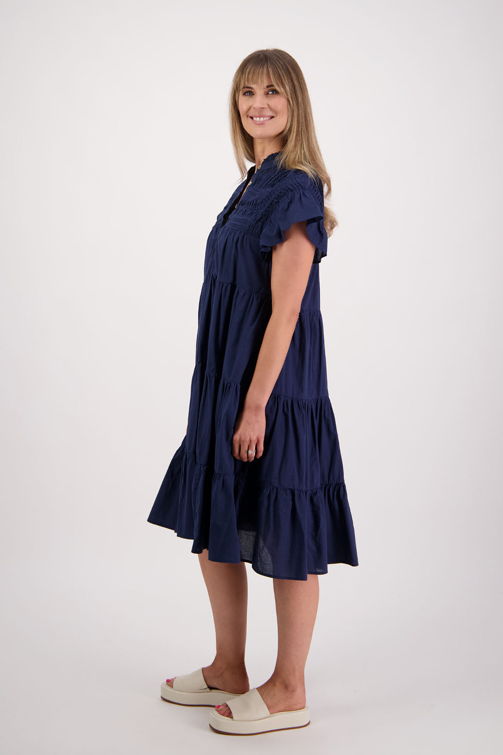 Womens Ink Cotton Voile dress. Below the knee length, 3-tier dress with ruffle sleeves. Briarwood NZ. Sonia