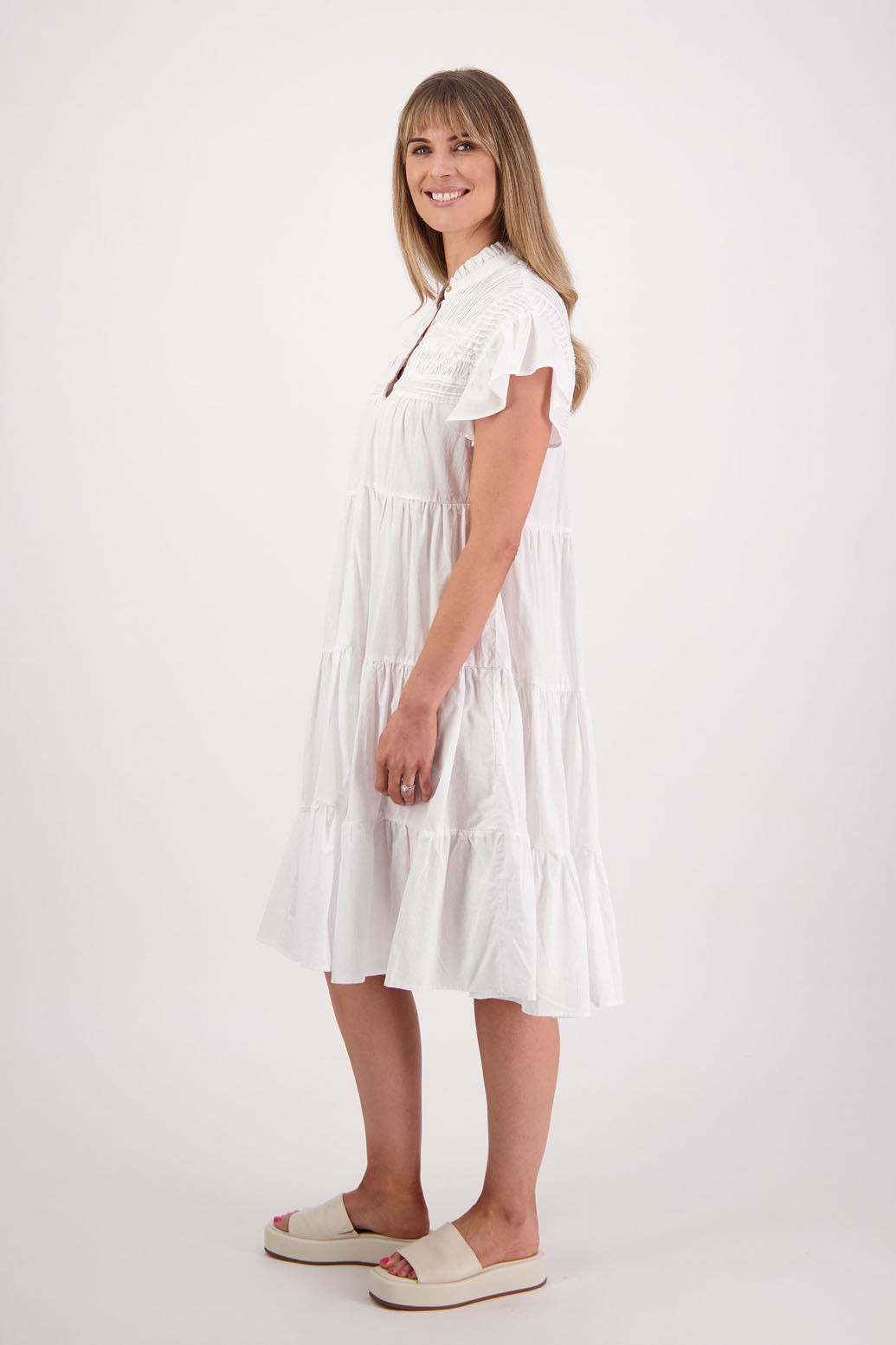 Womens White Cotton Voile dress. Below the knee length, 3-tier dress with ruffle sleeves. Briarwood NZ. Sonia