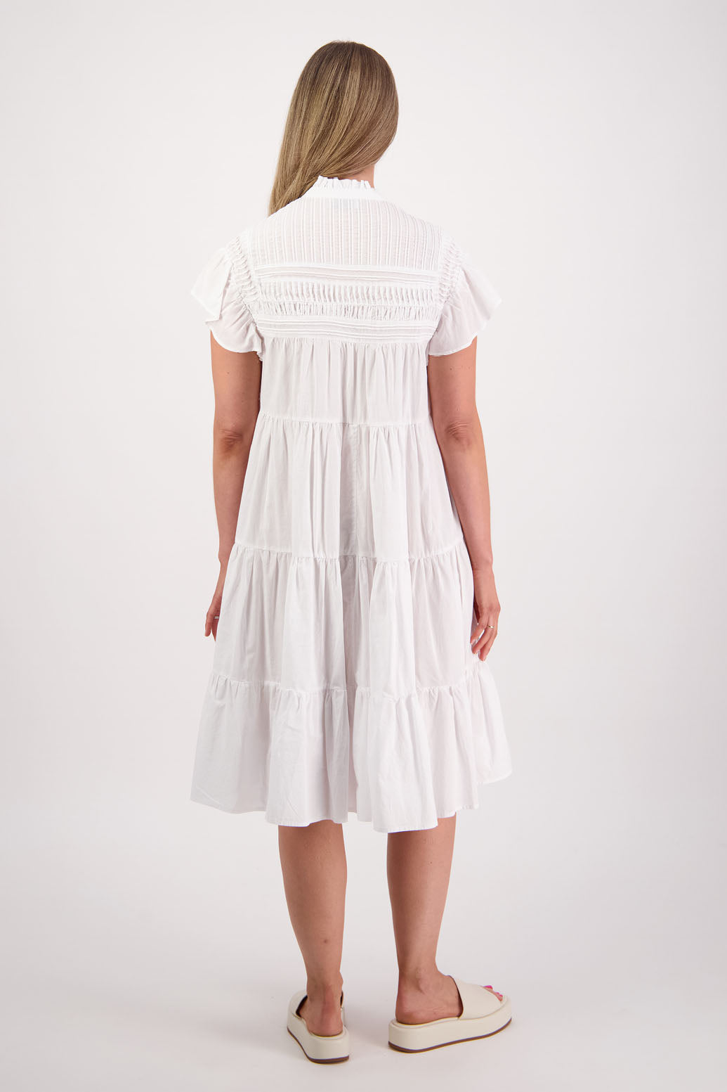 Womens White Cotton Voile dress. Below the knee length, 3-tier dress with ruffle sleeves. Briarwood NZ. Sonia