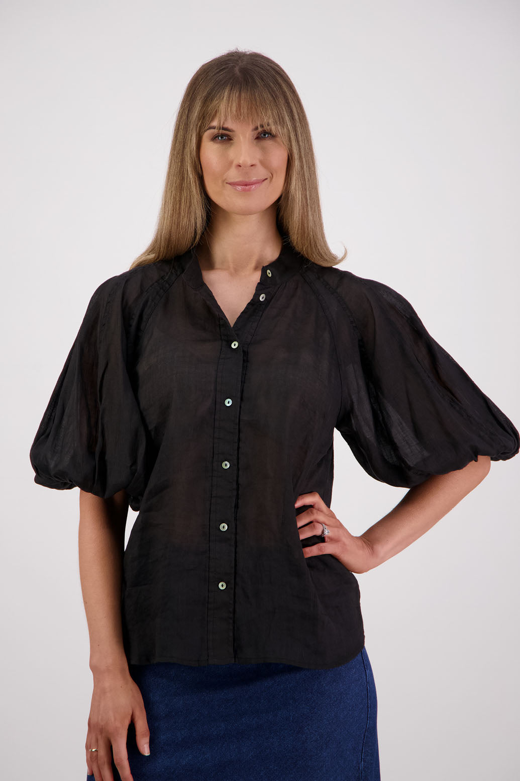 Womens shirt with elbow length puff sleeves and slimmer fit through the body. Briarwood NZ. Ramie, Sophia, Black