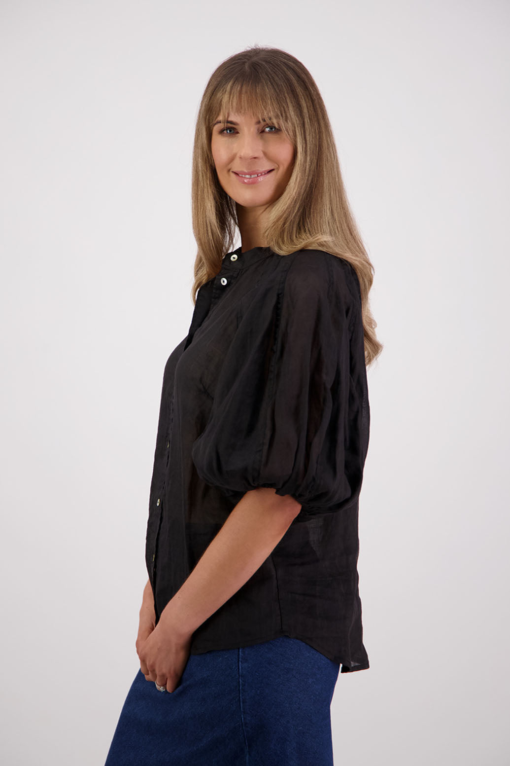 Womens shirt with elbow length puff sleeves and slimmer fit through the body. Briarwood NZ. Ramie, Sophia, Black