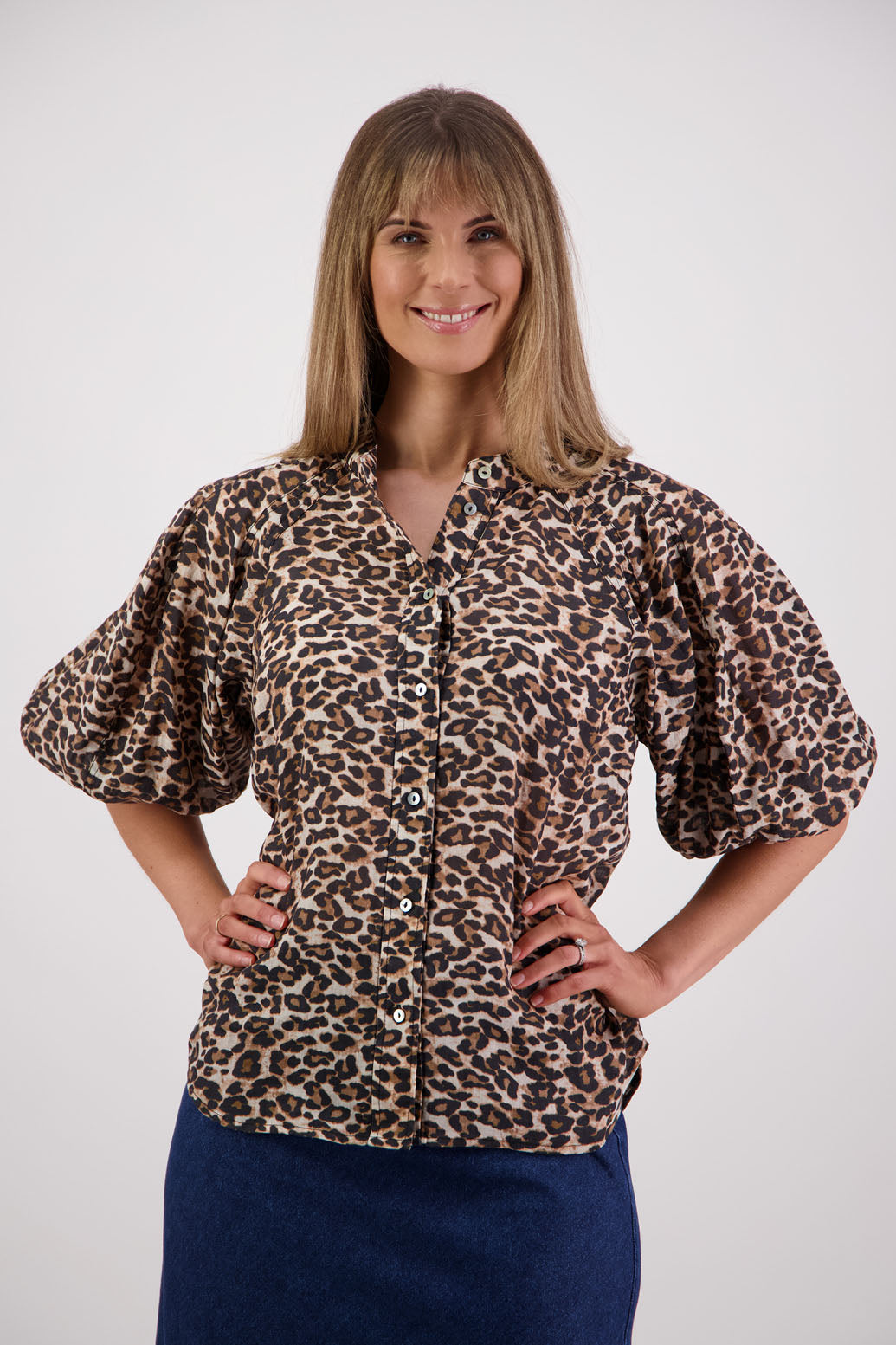 Womens shirt with elbow length puff sleeves and slimmer fit through the body. Briarwood NZ. Ramie, Sophia, Leopard print