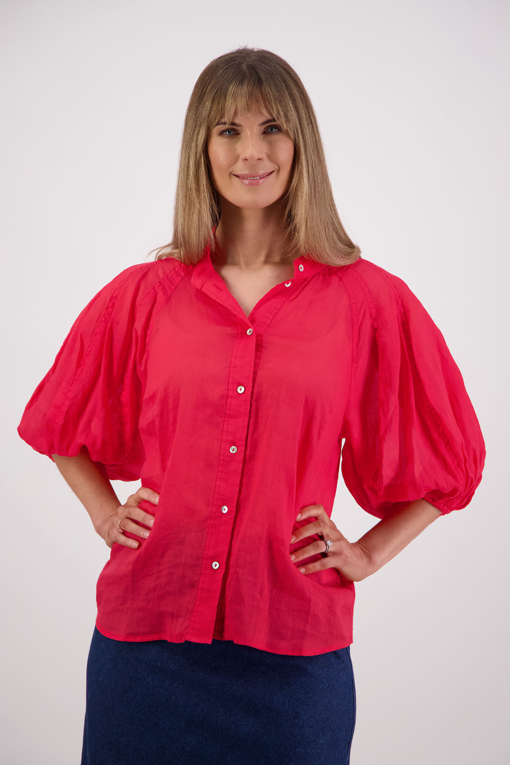 Womens shirt with elbow length puff sleeves and slimmer fit through the body. Briarwood NZ. Ramie, Sophia, Red