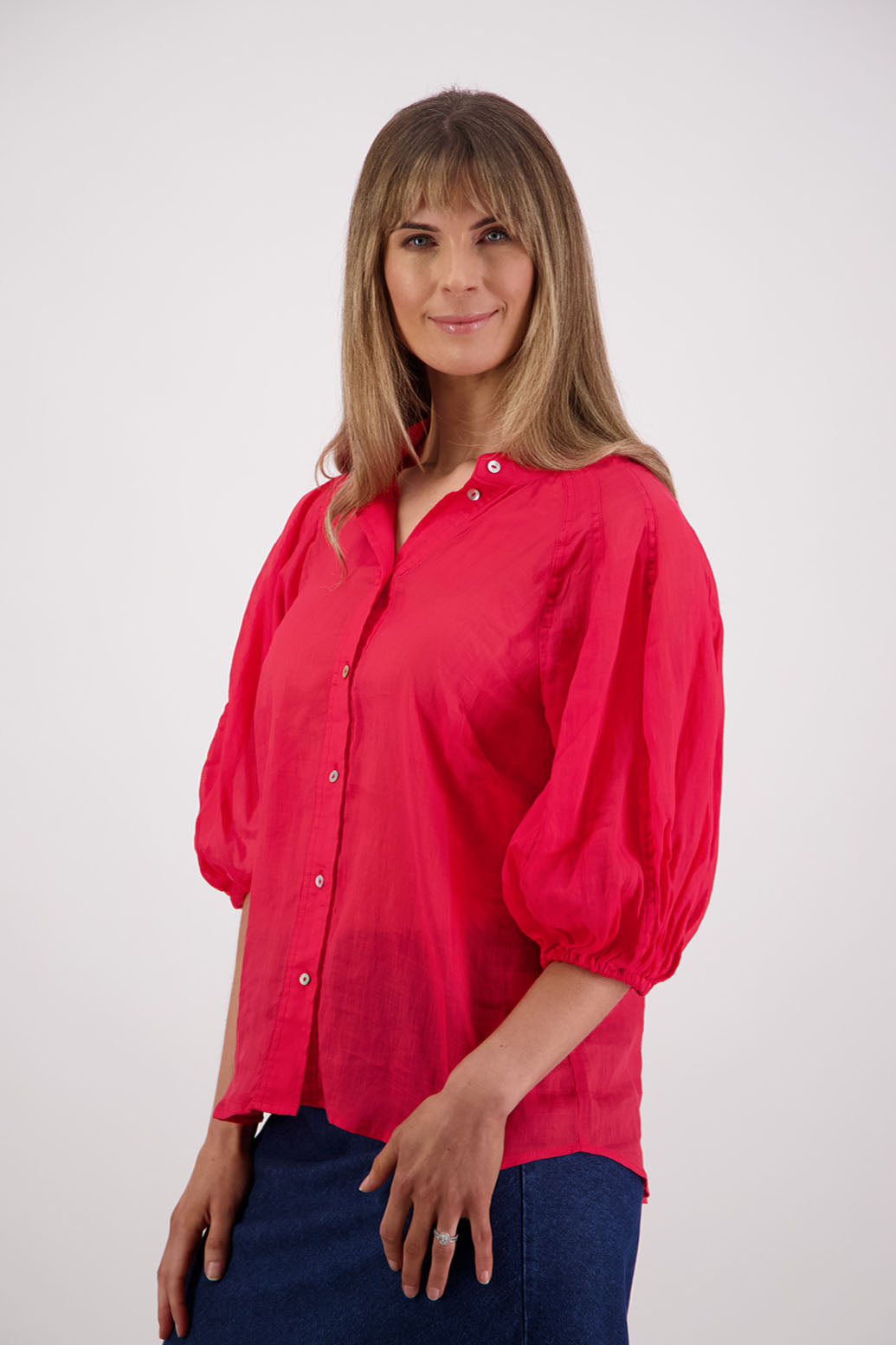 Womens shirt with elbow length puff sleeves and slimmer fit through the body. Briarwood NZ. Ramie, Sophia, Red