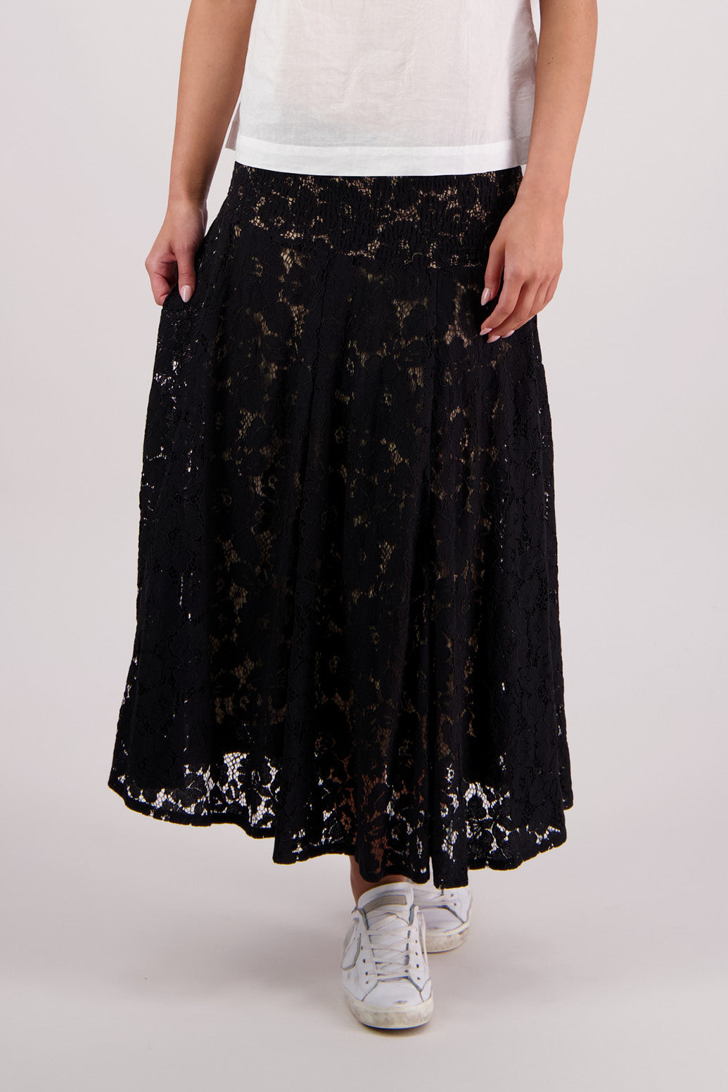 Close up front view of Briarwood Sparkle Lace Skirt in Black.