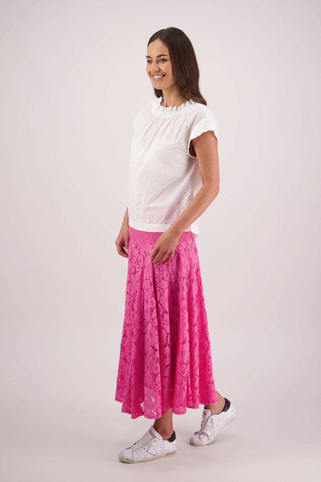 Side view of Briarwood Sparkle skirt in pink lace.
