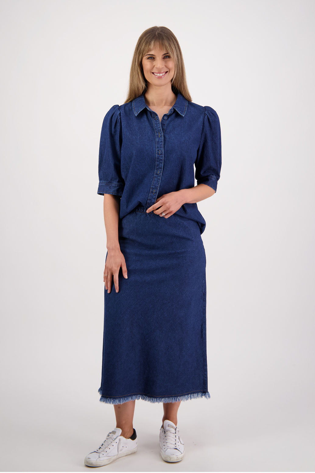 Womens denim skirt with raw hem, bias cut and elasticated waist. Briarwood NZ