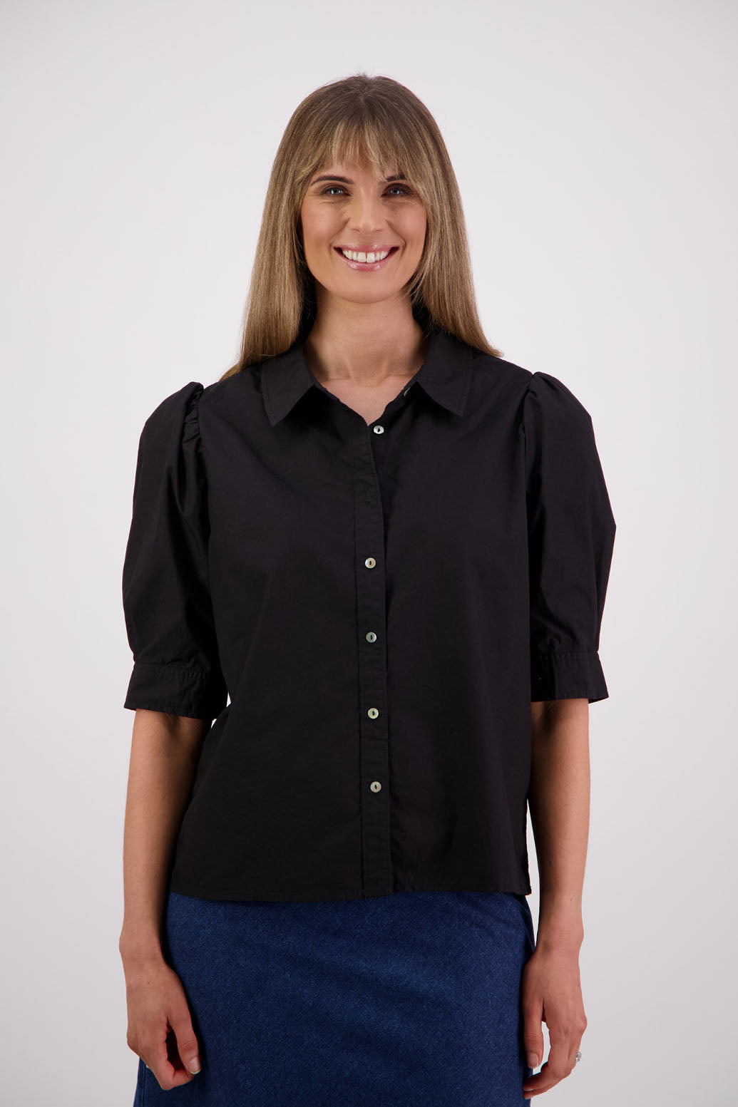 Womens Cotton Poplin Black shirt with puff elbow length sleeves, covered buttons and slightly fitted. Briarwood NZ. Stella