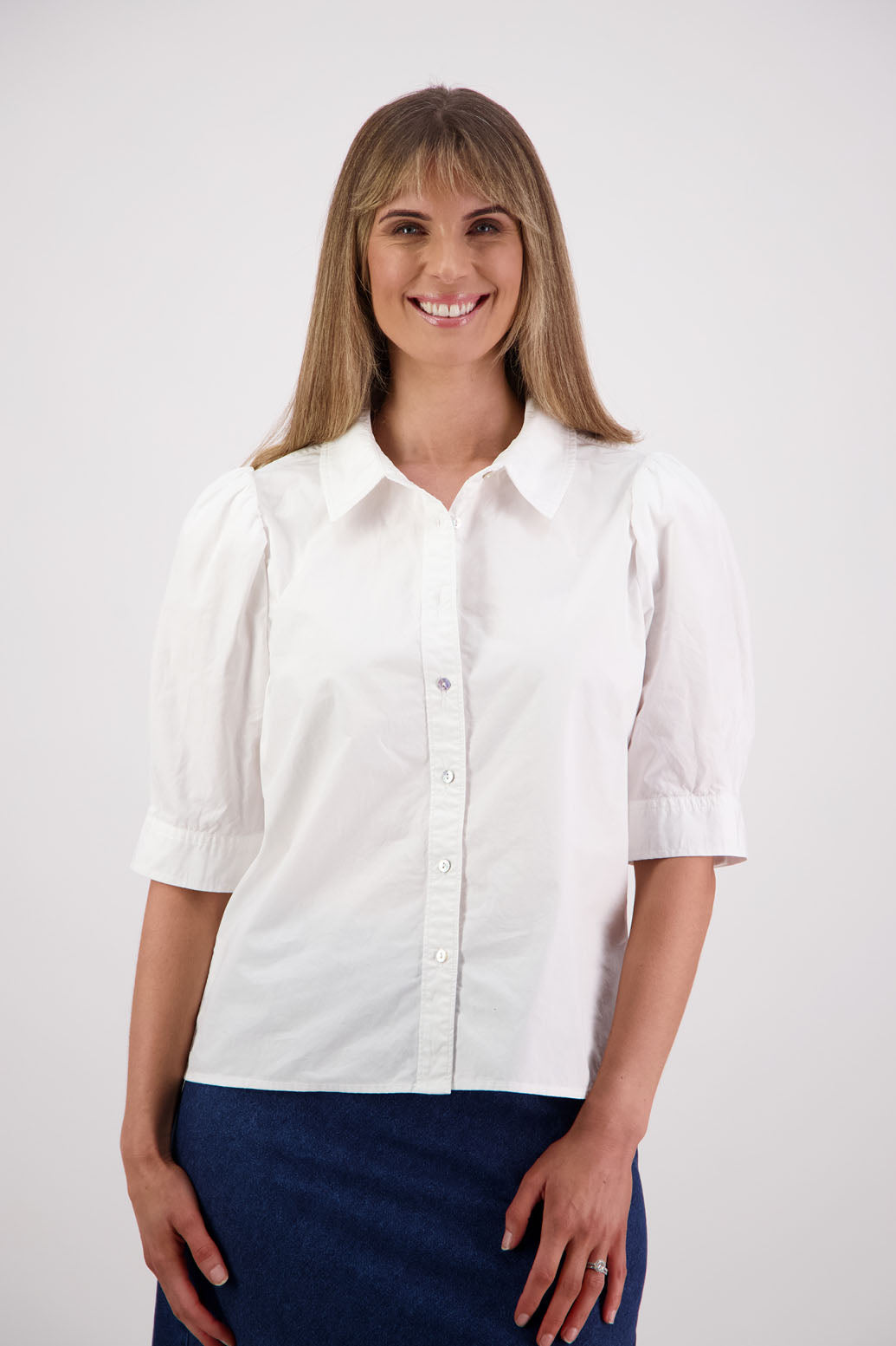 Womens Cotton Poplin White shirt with puff elbow length sleeves, covered buttons and slightly fitted. Briarwood NZ. Stella