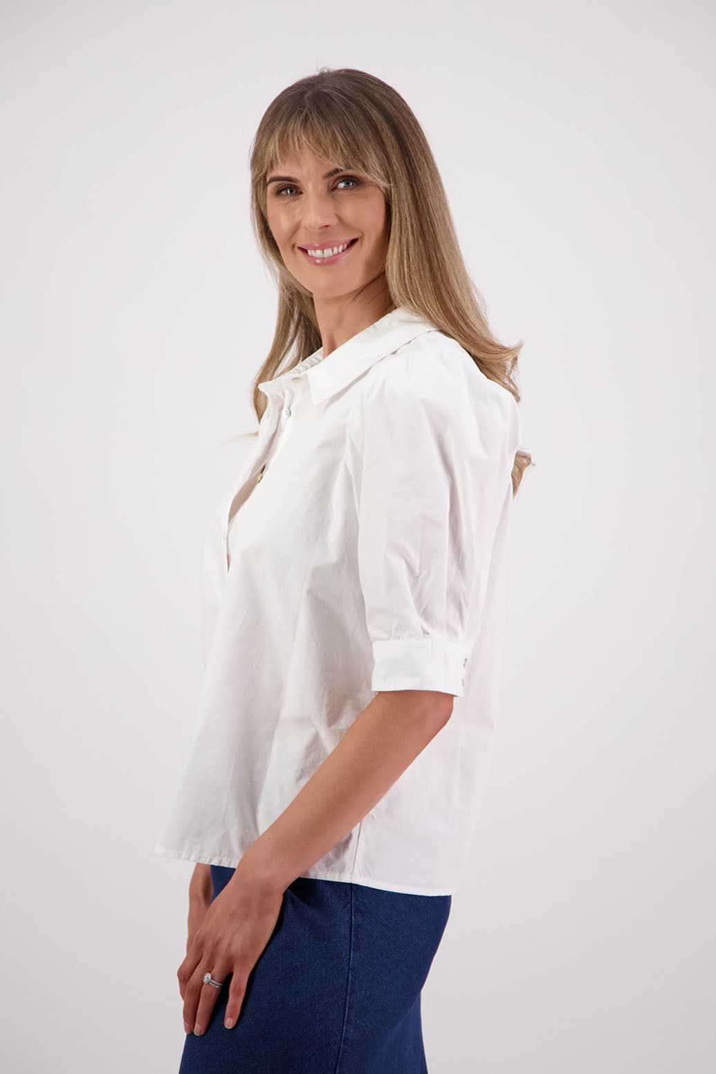 Womens Cotton Poplin White shirt with puff elbow length sleeves, covered buttons and slightly fitted. Briarwood NZ. Stella