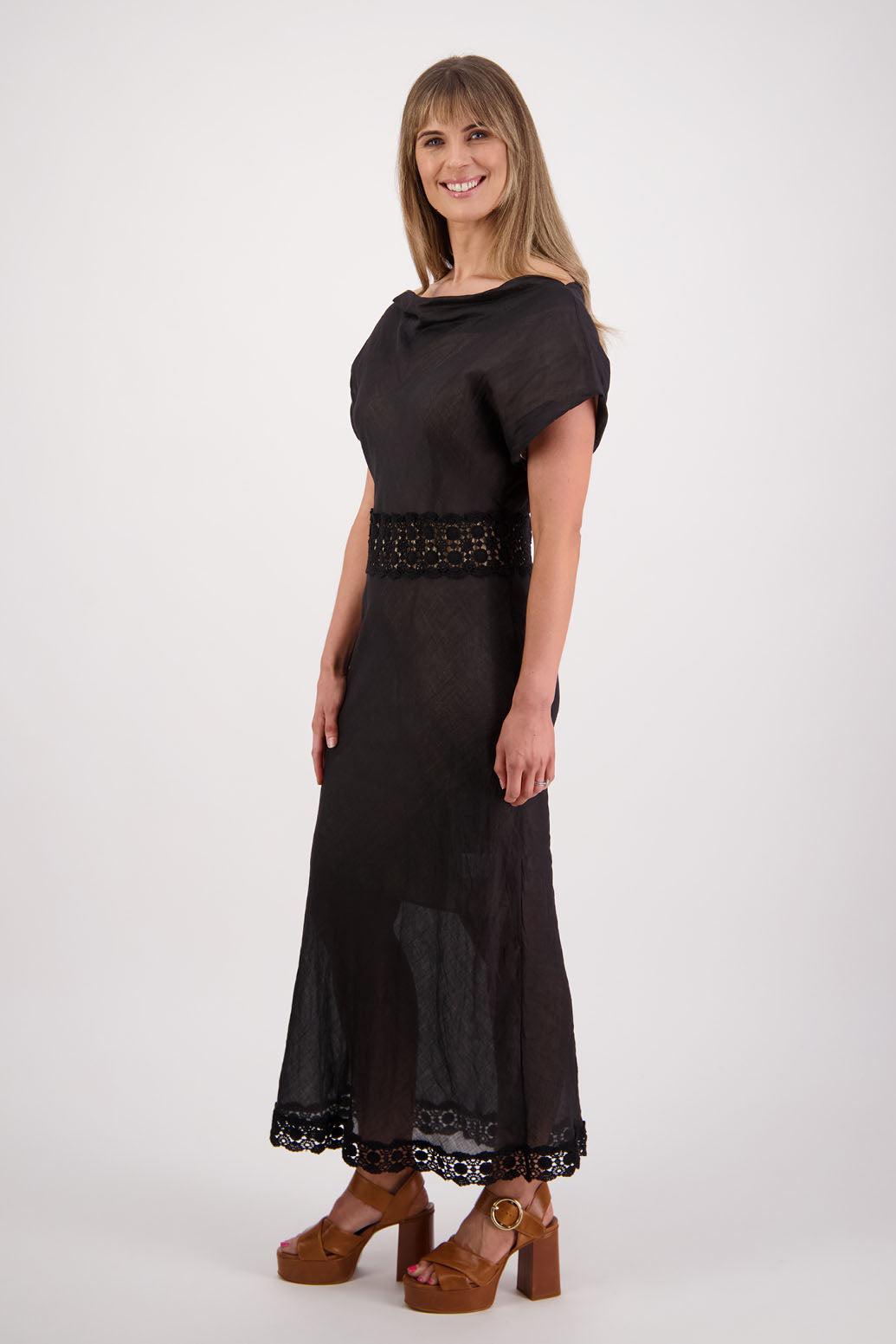 Womens wide neck dress, can be worn off the shoulder. Lace panel through waist and hem, Briarwood NZ. Ramie, Stephanie, Black.