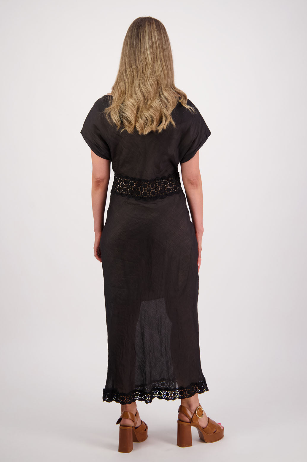 Womens wide neck dress, can be worn off the shoulder. Lace panel through waist and hem, Briarwood NZ. Ramie, Stephanie, Black.