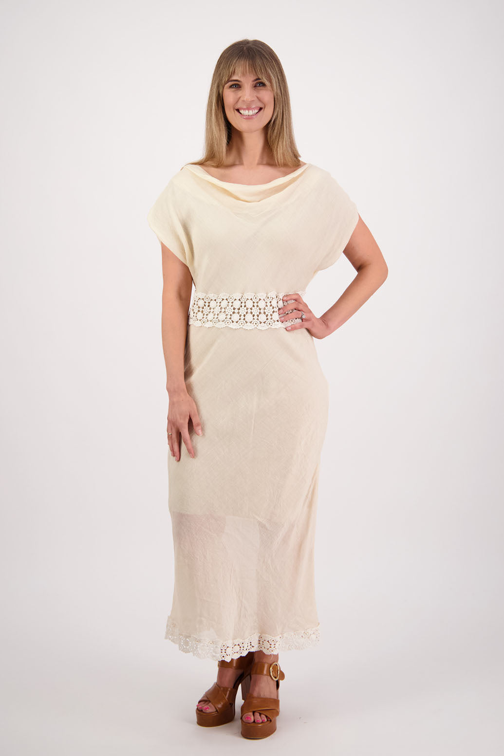 Womens wide neck dress, can be worn off the shoulder. Lace panel through waist and hem, Briarwood NZ. Ramie, Stephanie, Cream.