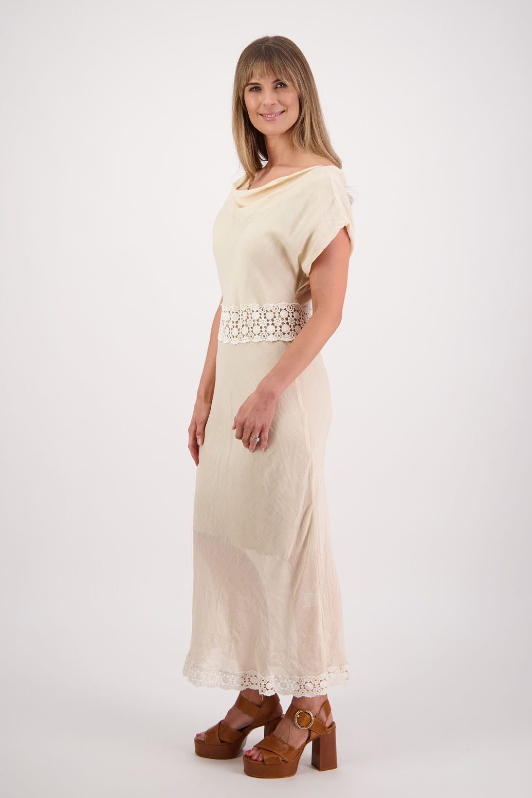 Womens wide neck dress, can be worn off the shoulder. Lace panel through waist and hem, Briarwood NZ. Ramie, Stephanie, Cream.