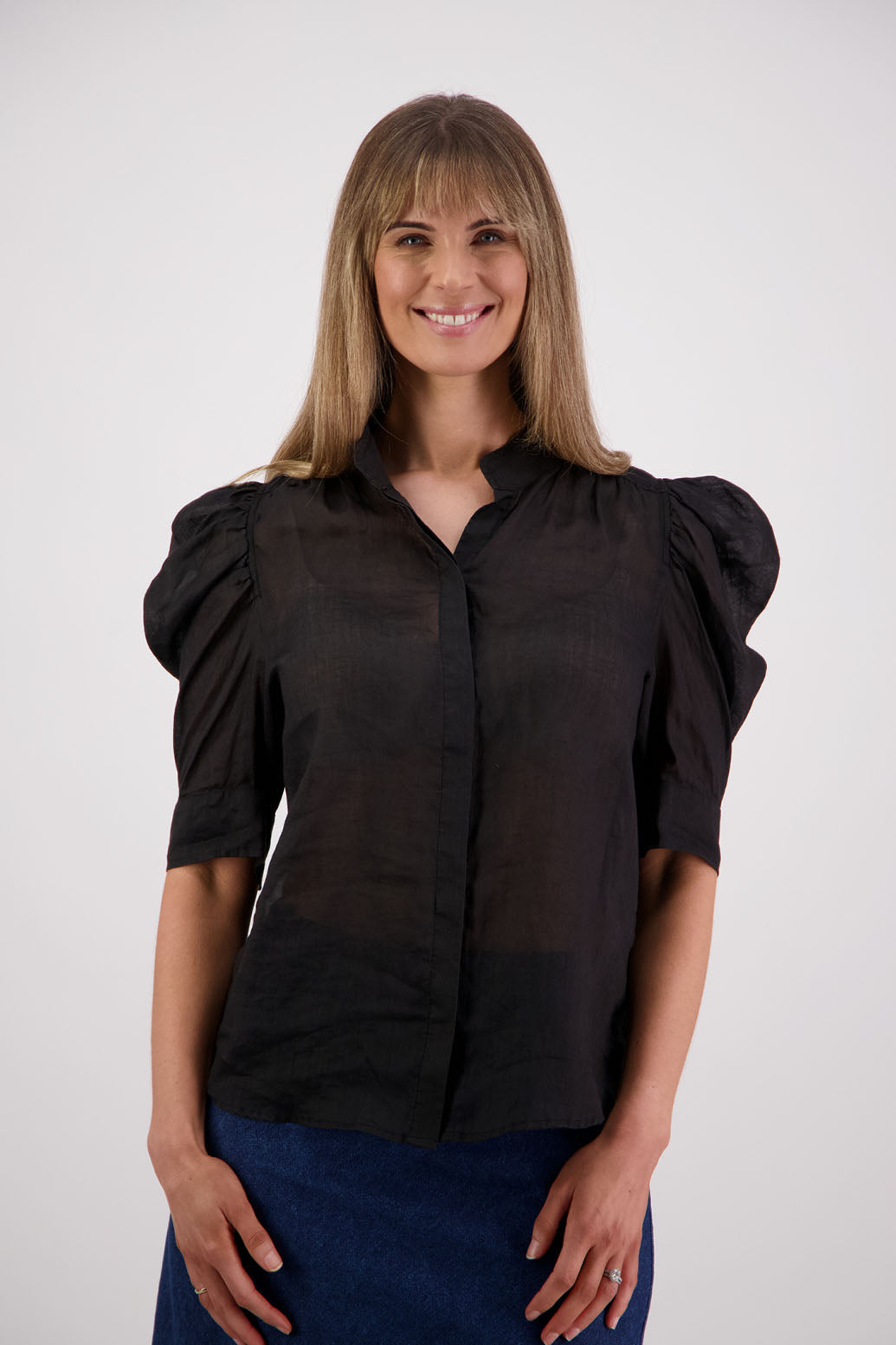Womens Ramie Shirt with gathered puff elbow length sleeve and slight gathering across the back. Grandpa collar and slimmer fit. Briarwood NZ. Stevie Black