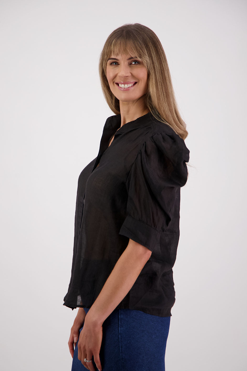 Womens Ramie Shirt with gathered puff elbow length sleeve and slight gathering across the back. Grandpa collar and slimmer fit. Briarwood NZ. Stevie Black