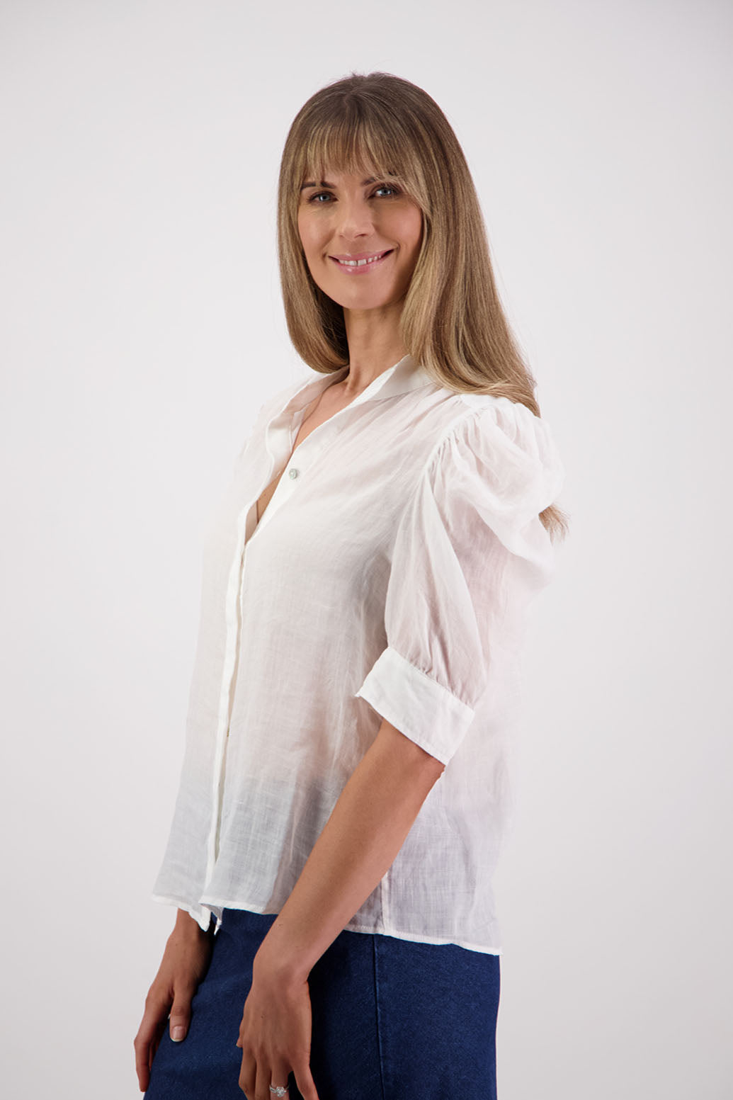 Womens Ramie Shirt with gathered puff elbow length sleeve and slight gathering across the back. Grandpa collar and slimmer fit. Briarwood NZ. Stevie White