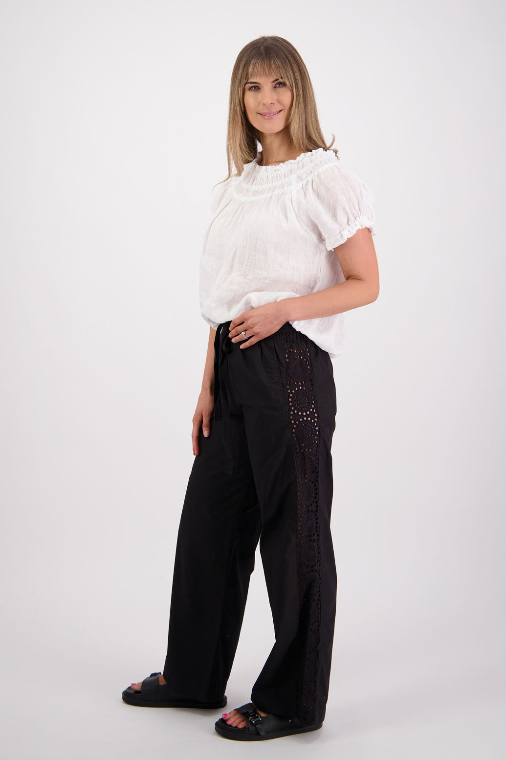 Womens Black Cotton Poplin with Lace side panel detail wide leg pant. Briarwood NZ. Sunshine