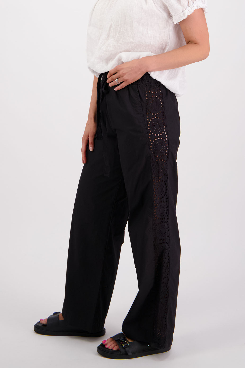 Womens Black Cotton Poplin with Lace side panel detail wide leg pant. Briarwood NZ. Sunshine