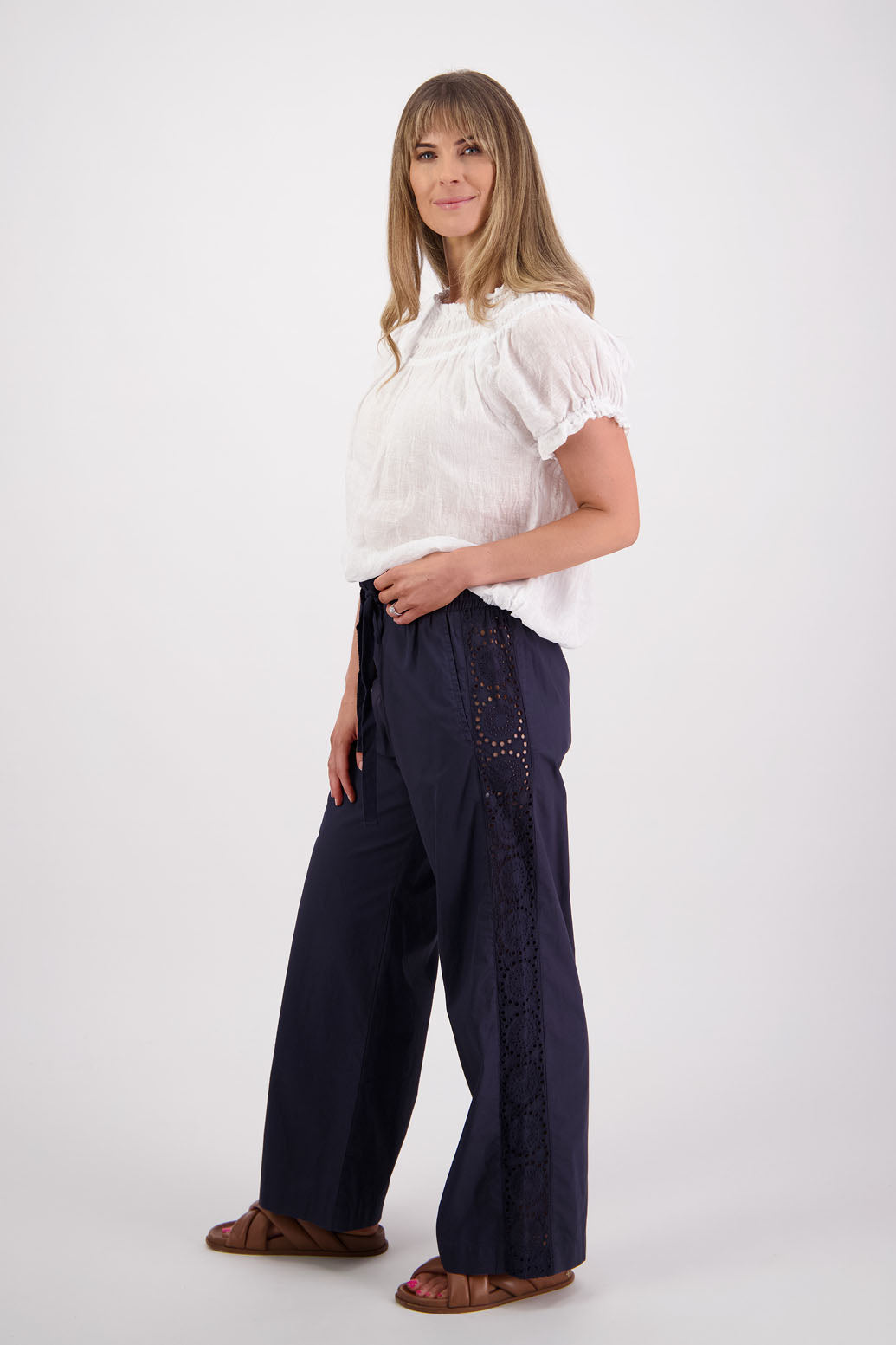 Womens Ink Cotton Poplin with Lace side panel detail wide leg pant. Briarwood NZ. Sunshine
