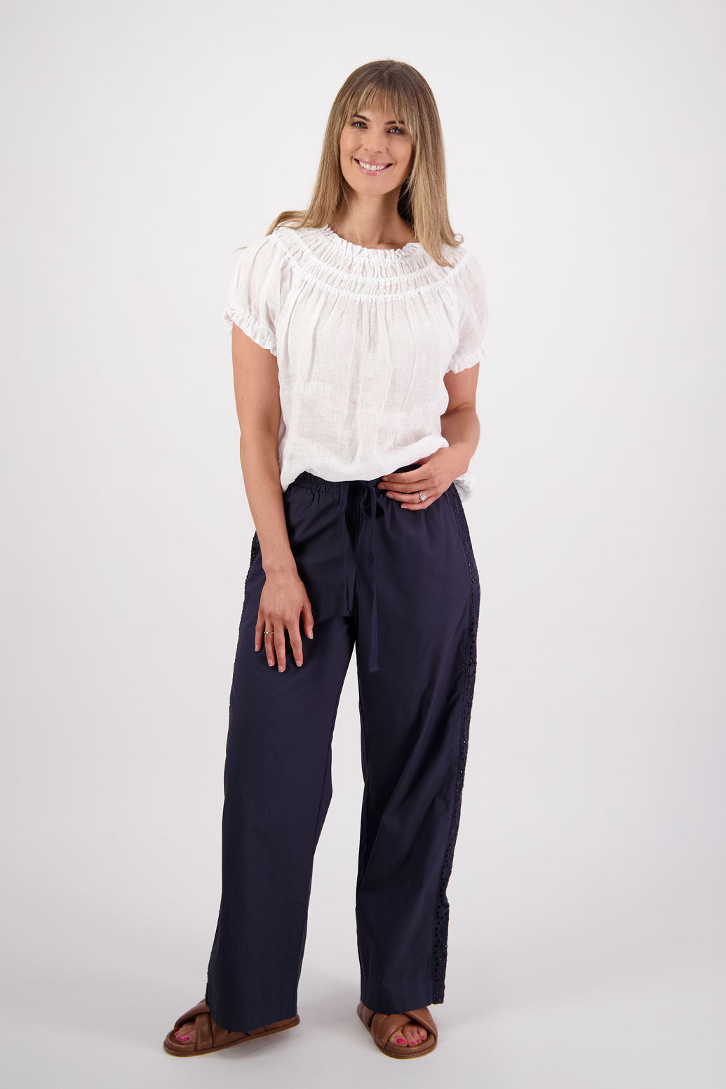 Womens Ink Cotton Poplin with Lace side panel detail wide leg pant. Briarwood NZ. Sunshine
