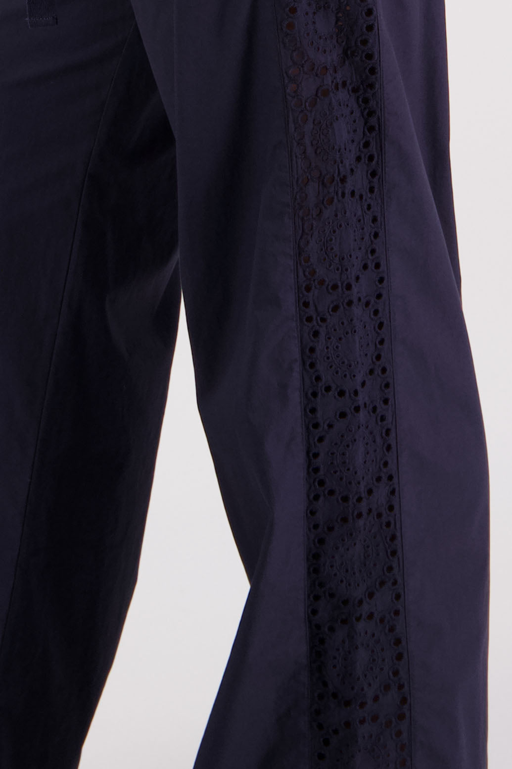 Womens Ink Cotton Poplin with Lace side panel detail wide leg pant. Briarwood NZ. Sunshine