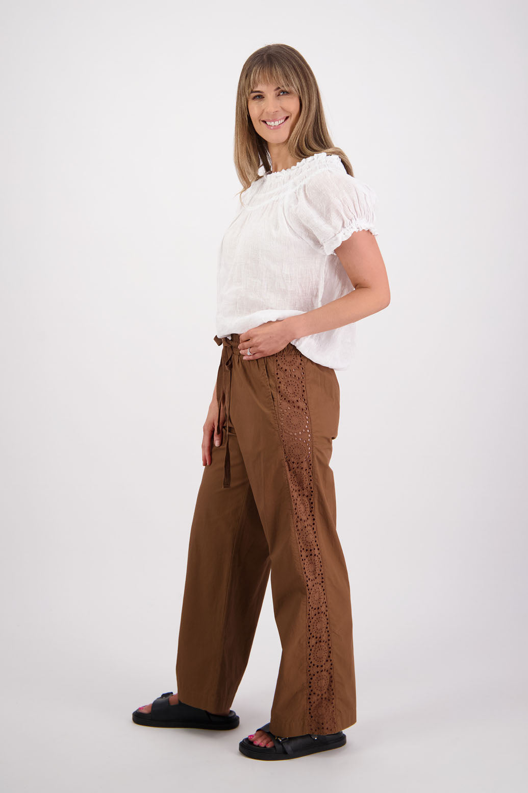 Womens Tan Cotton Poplin with Lace side panel detail wide leg pant. Briarwood NZ. Sunshine