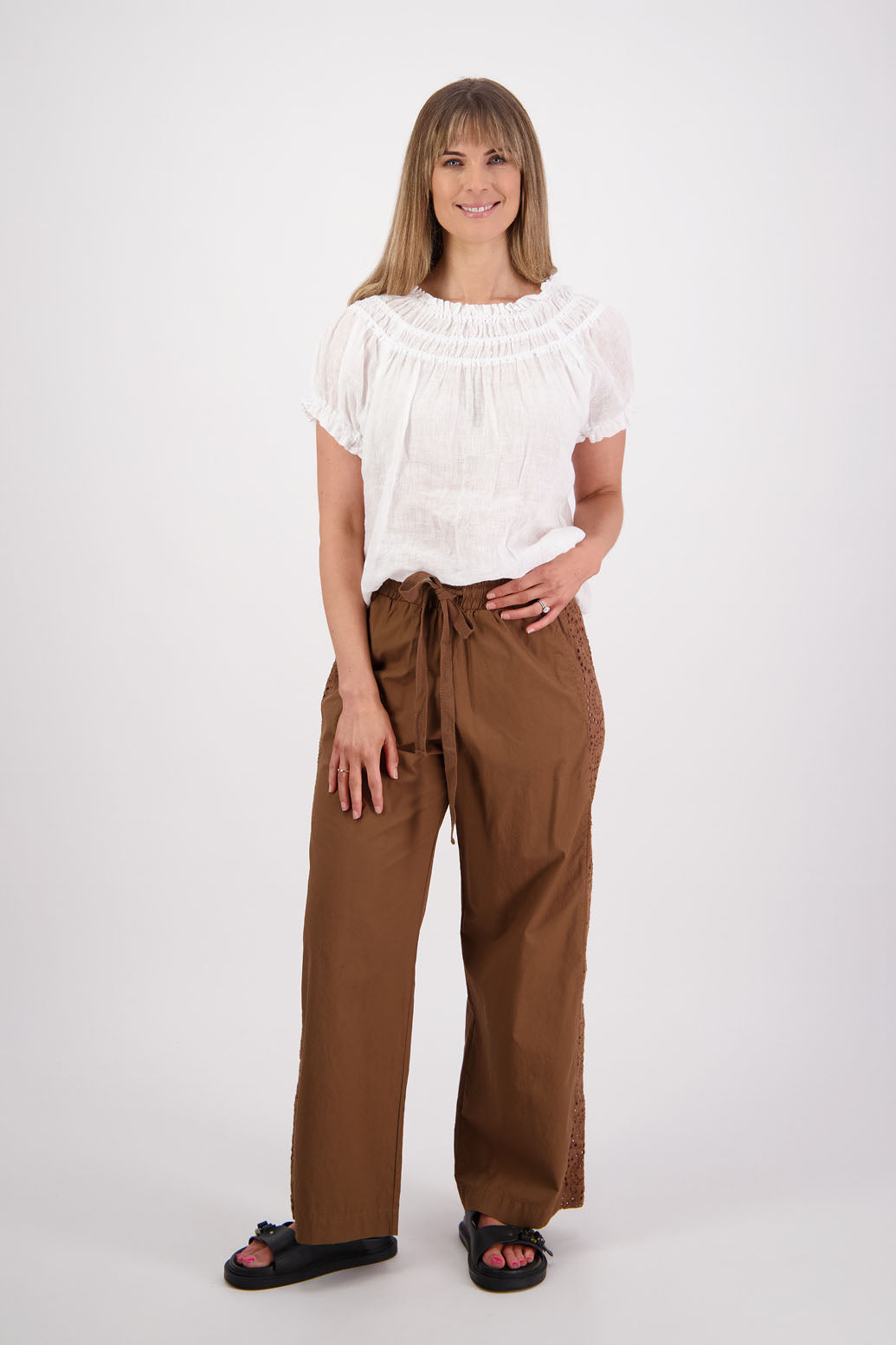 Womens Tan Cotton Poplin with Lace side panel detail wide leg pant. Briarwood NZ. Sunshine