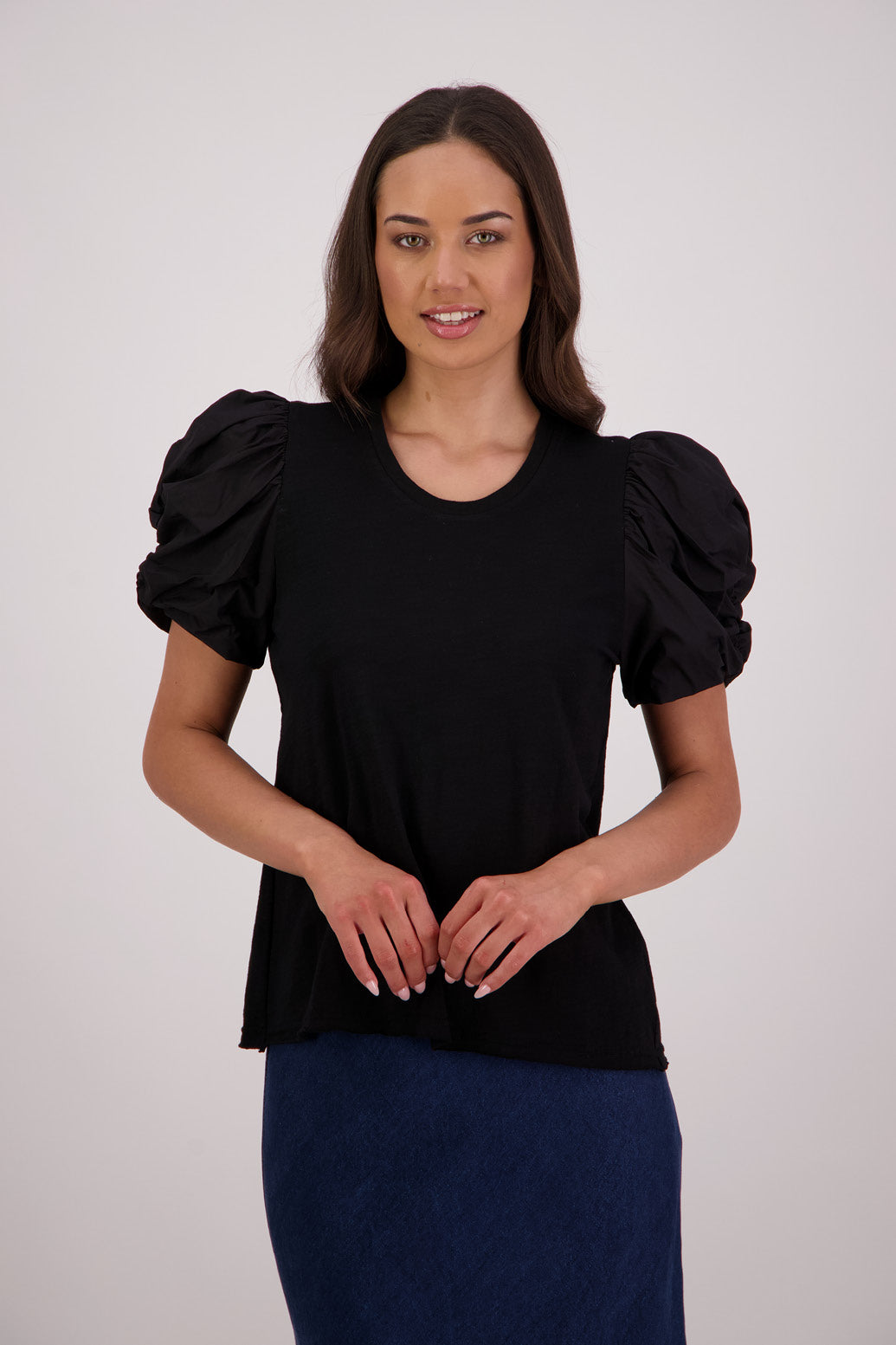 Briarwood Suzie T-shirt in Black, 100% Cotton, 100% Cotton Voile sleeve.