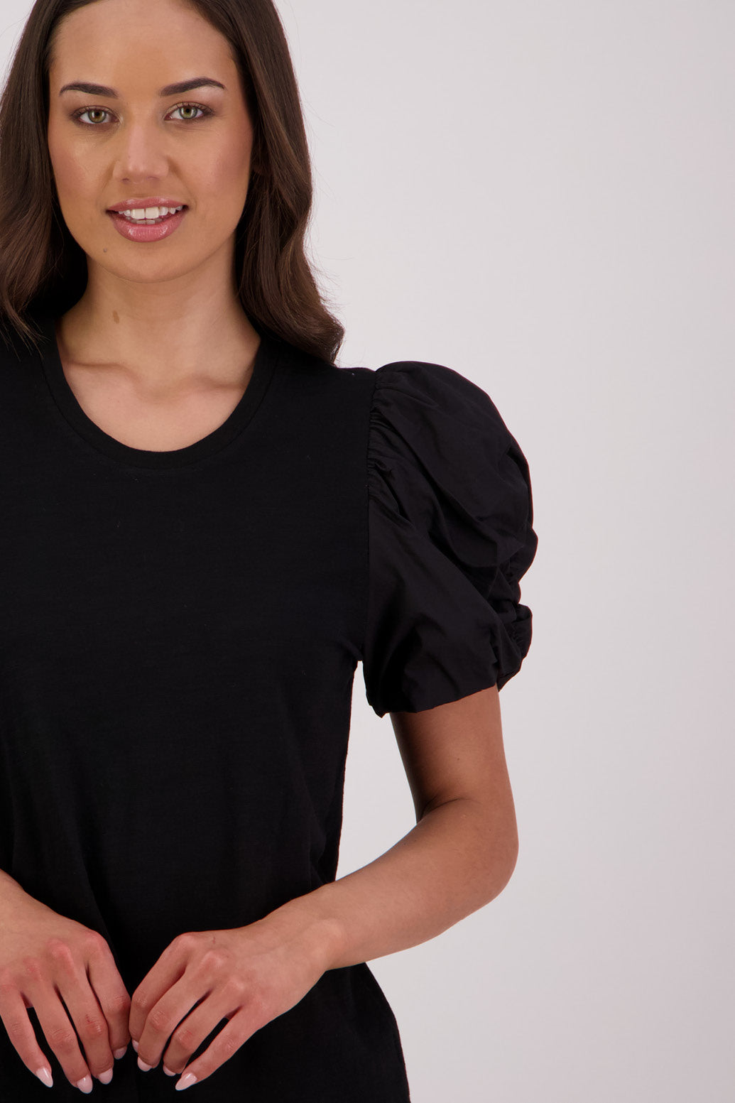 Closeup front view Briarwood Suzie T-shirt in Black.