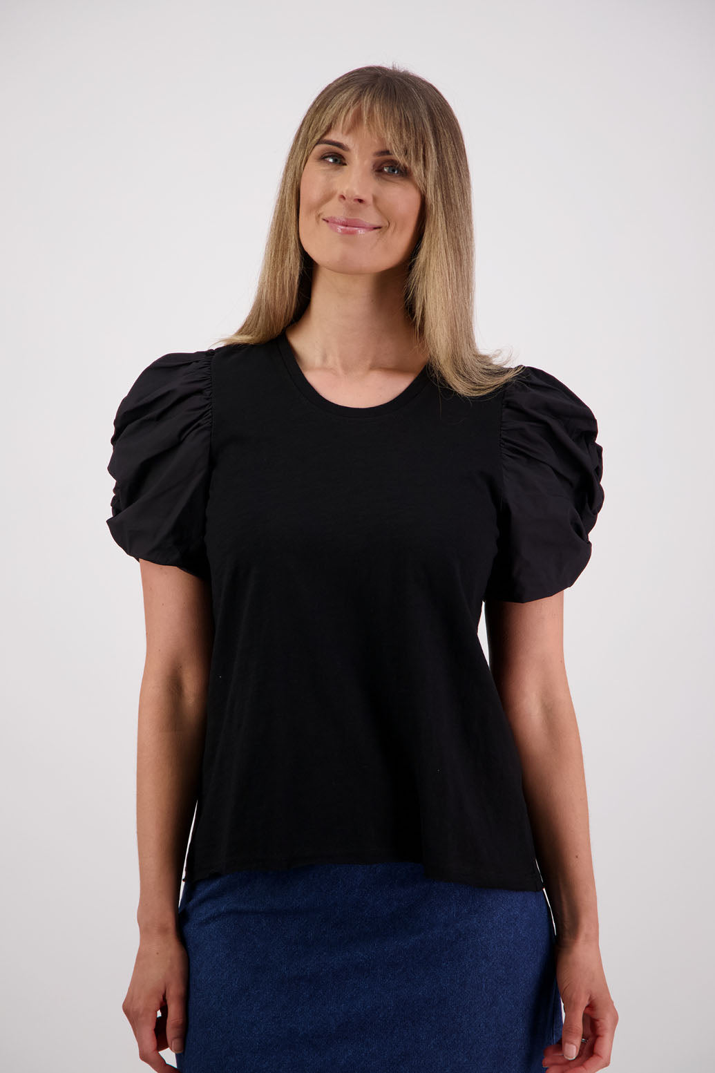 Womens Black Cotton T-Shirt with Puffed Coton Voile Sleeves. Briarwood NZ. Suzie, Black