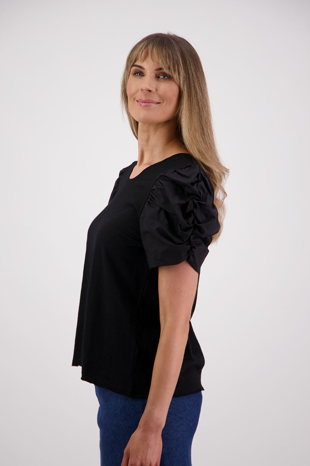Womens Black Cotton T-Shirt with Puffed Coton Voile Sleeves. Briarwood NZ. Suzie, Black