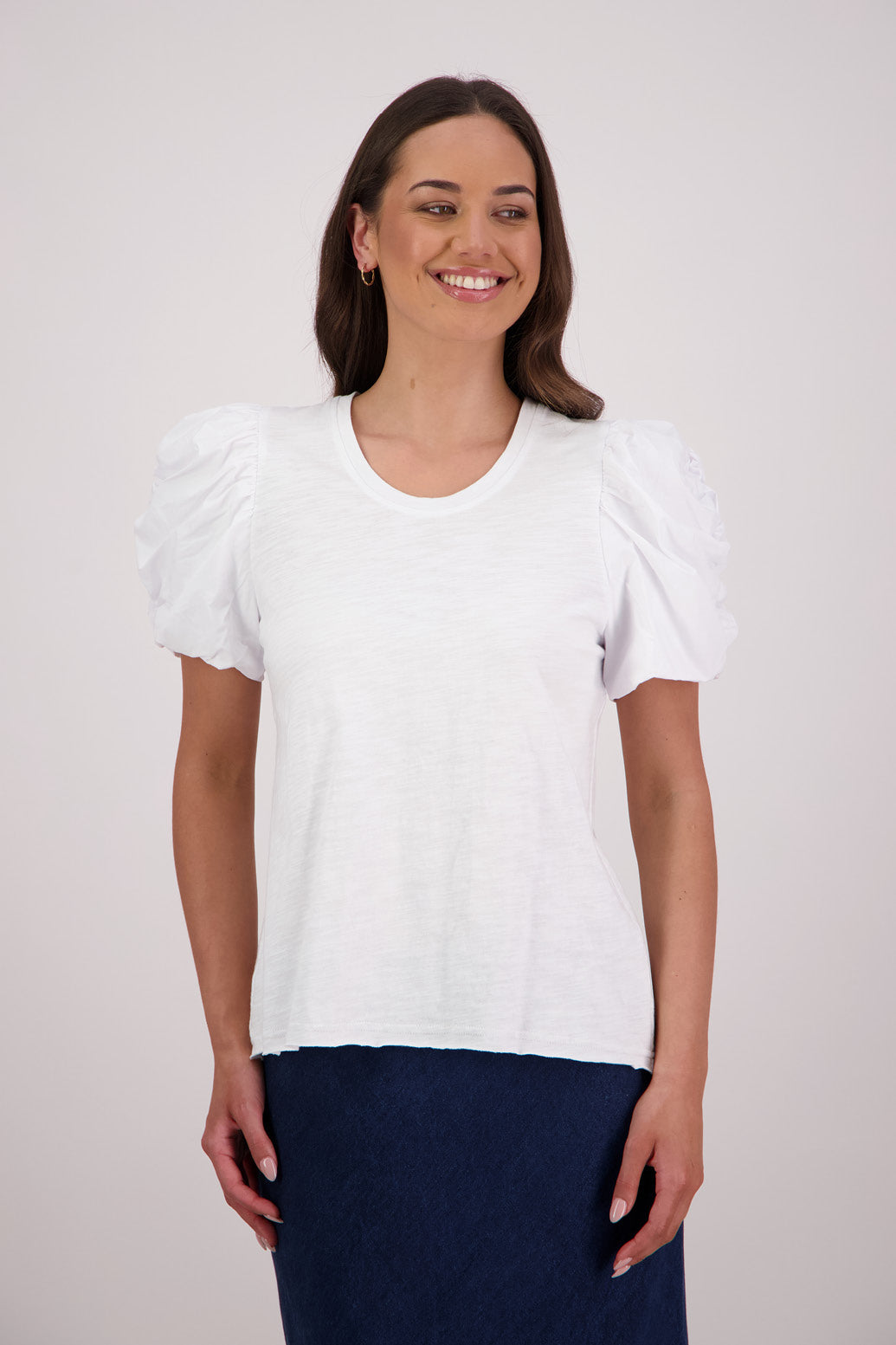 Briarwood Suzie T-shirt in White, 100% Cotton, 100% Cotton Voile sleeve.